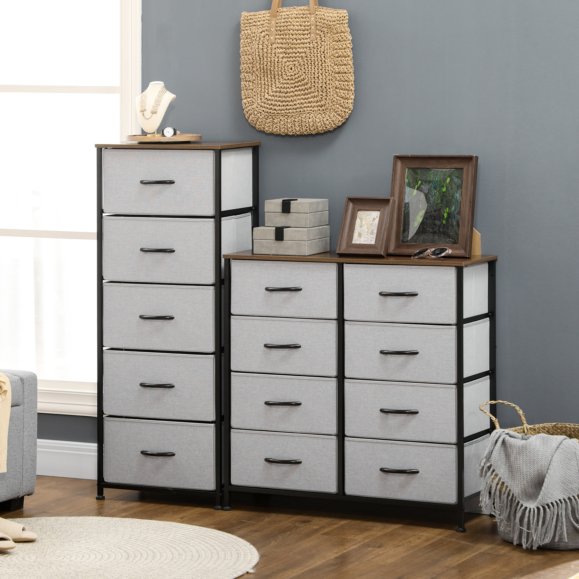 Commode 5 Tiroirs HOMCOM - Meuble Rangement Pliable En Tissu, Design Sobre Et Spacieux Pour Chambre Ou Salon