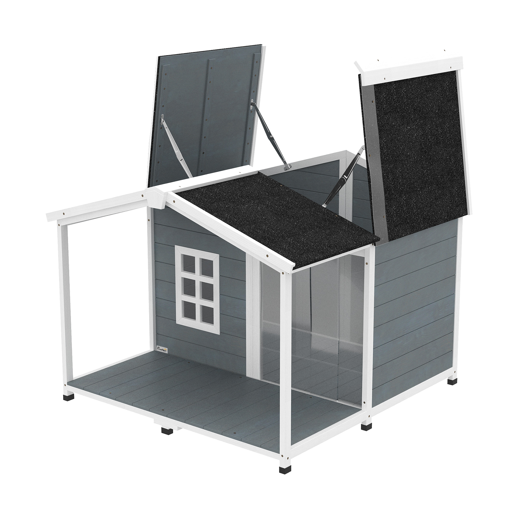 PawHut Hundehütte wetterfestes Hundehaus aus Holz 103 x 107 x 83,5 cm Erhöhte Hundehöhle mit aufklappbarem Asphaltdach, Terrasse, Fenster, Outdoor Hütte für mittelgroße Hunde bis 20 kg Grau   Aosom – PawHut