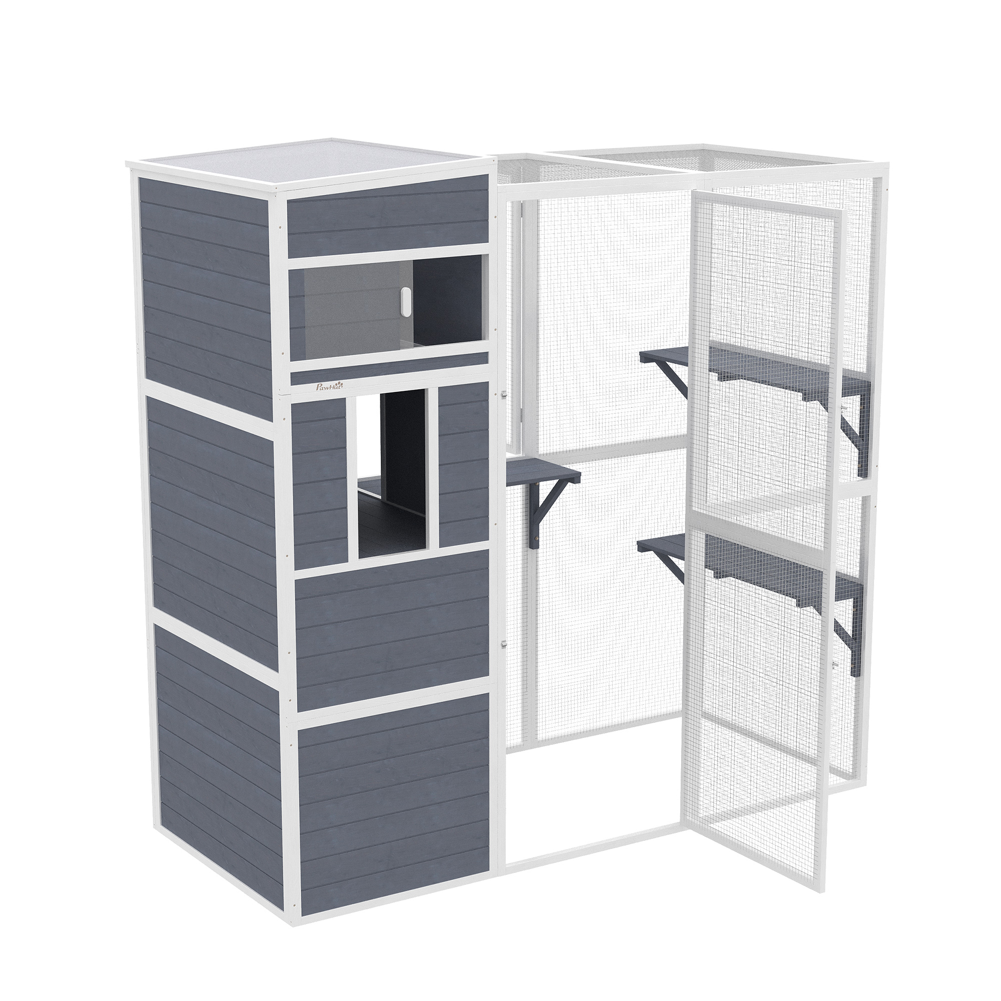 Comparer les prix de PawHut Enclos pour chats extérieur Maison pour chats en bois avec 3 plateformes toit étanche espace repos pour 3-4 chats jusqu'à 10 kg Gris