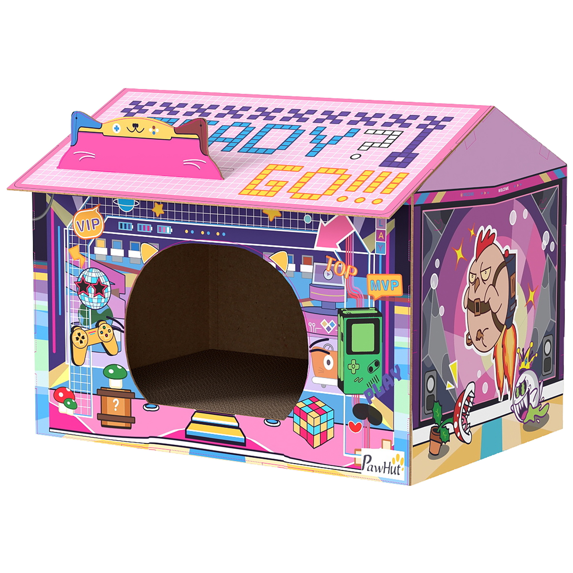 PawHut 2 in 1 Gaming Style Cardboard Cat House with Scratching Board & Catnip for Indoor Cats, Pink