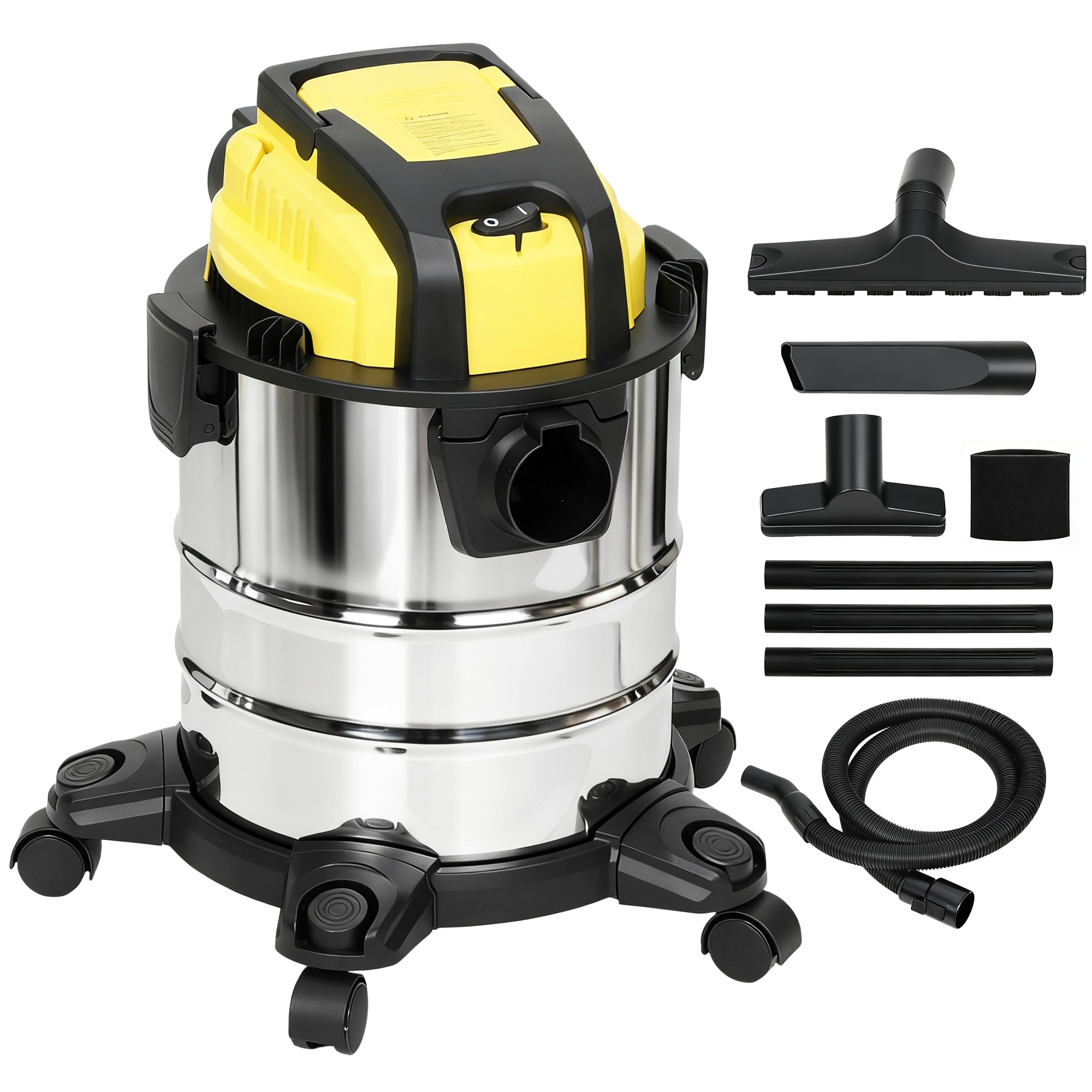 HOMCOM 3-in-1 Nass-Trockensauger 1200 W Staubsauger mit 20L Edelstahlbehälter Ø32mm Schlauchsystem Blasfunktion Dreifaches Filtersystem Rollen, Bodenstaubsauger Silber+Gelb   Aosom – HOMCOM