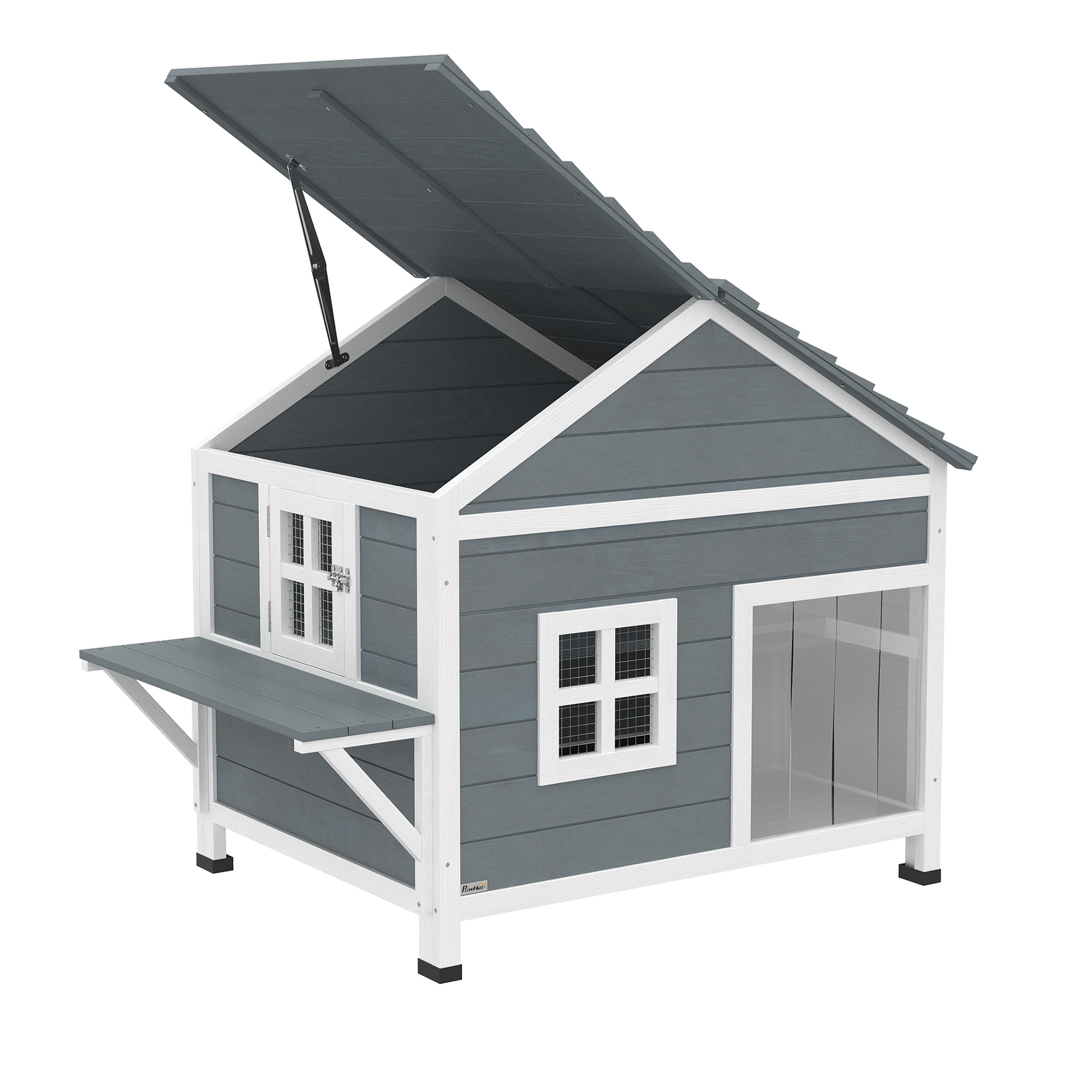 PawHut Maison pour chat en bois 2 étages, refuge pour chat avec toit étanche ouvrant, plateforme latérale, 101x72,5x81 cm, Gris