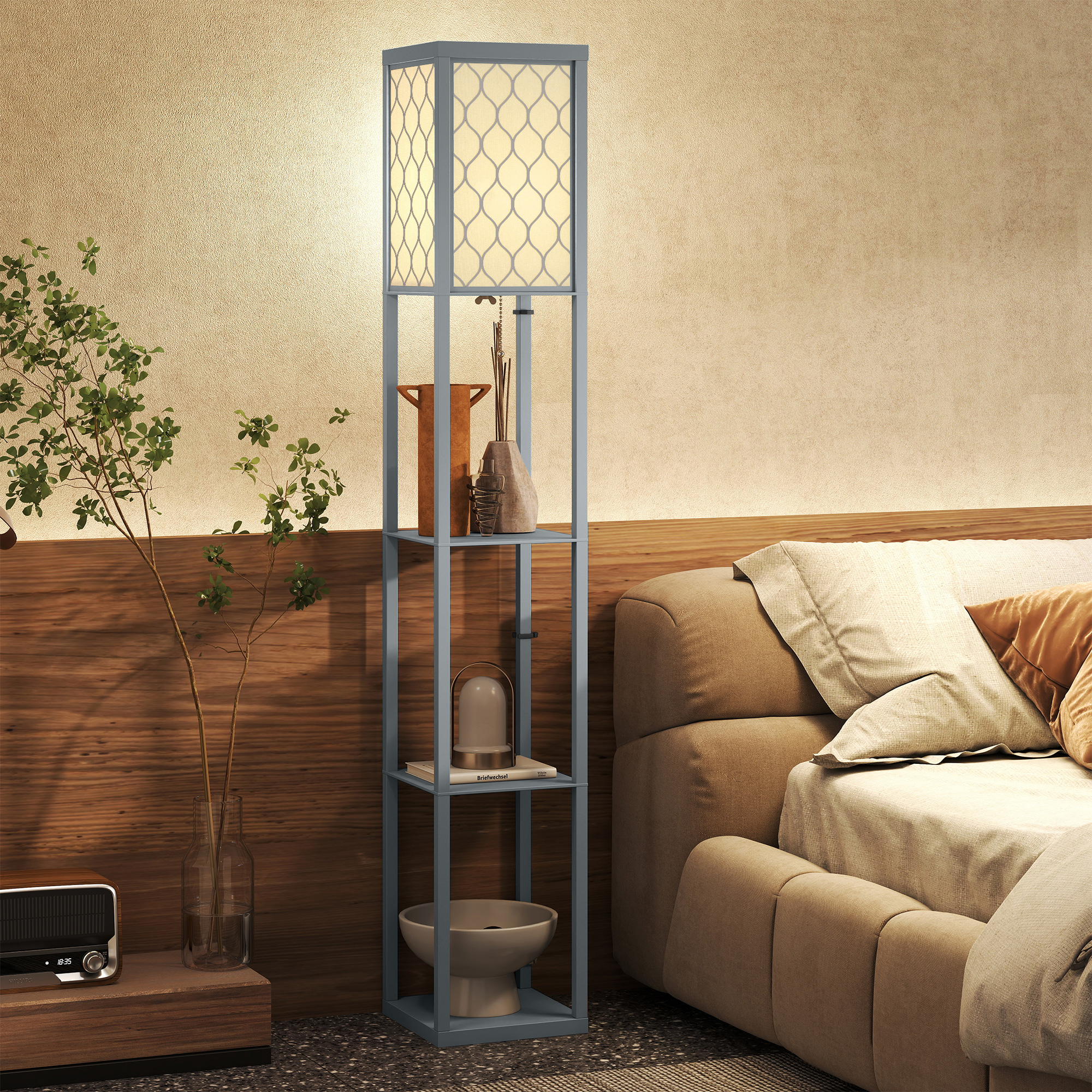 HOMCOM Stehlampe Wohnzimmer Dimmbar Stehleuchte mit Regal, E27 Fassung Text günstig online kaufen