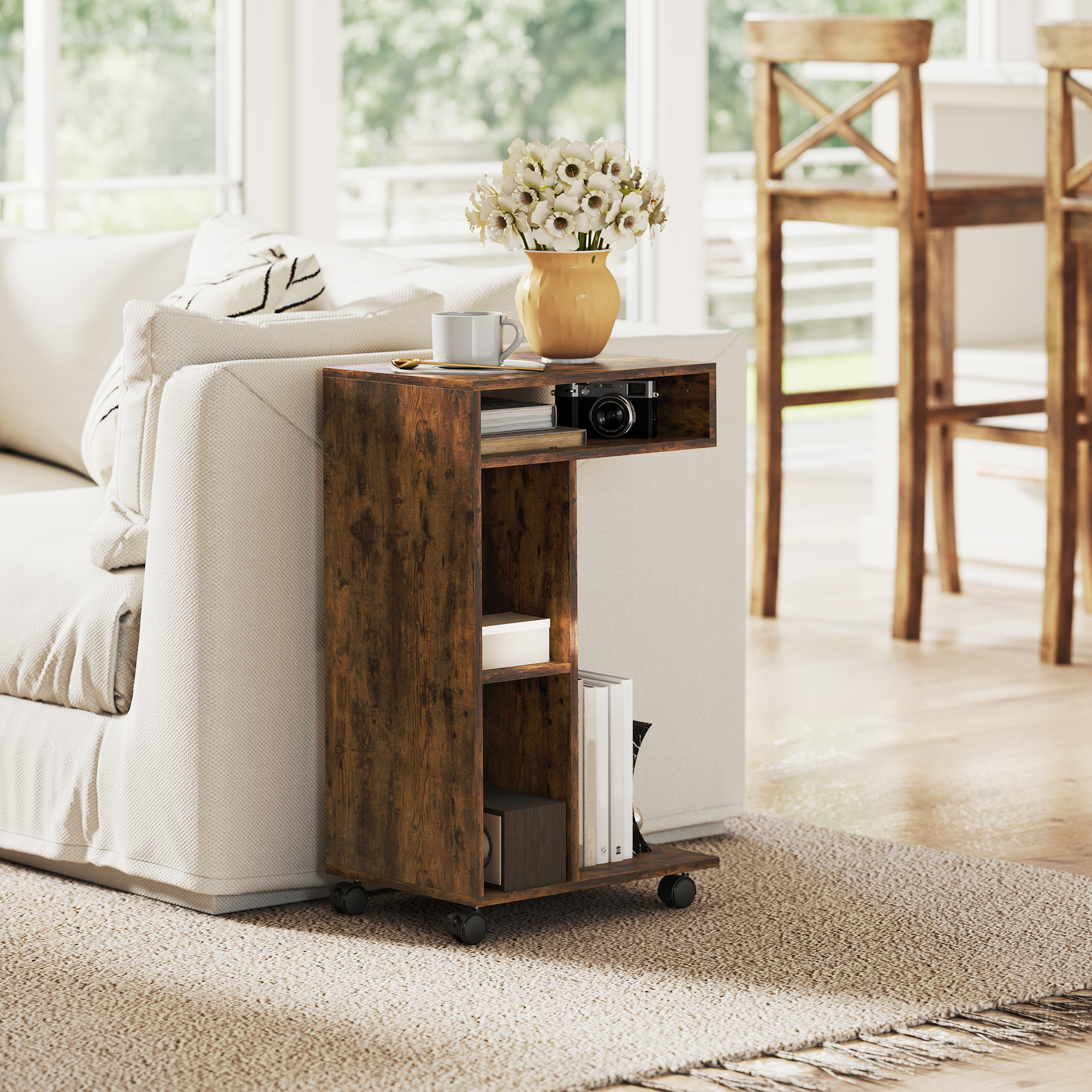 HOMCOM Beistelltisch C-Form Nachttisch mit 4 Regalen, Rollen, Couchtisch, W günstig online kaufen