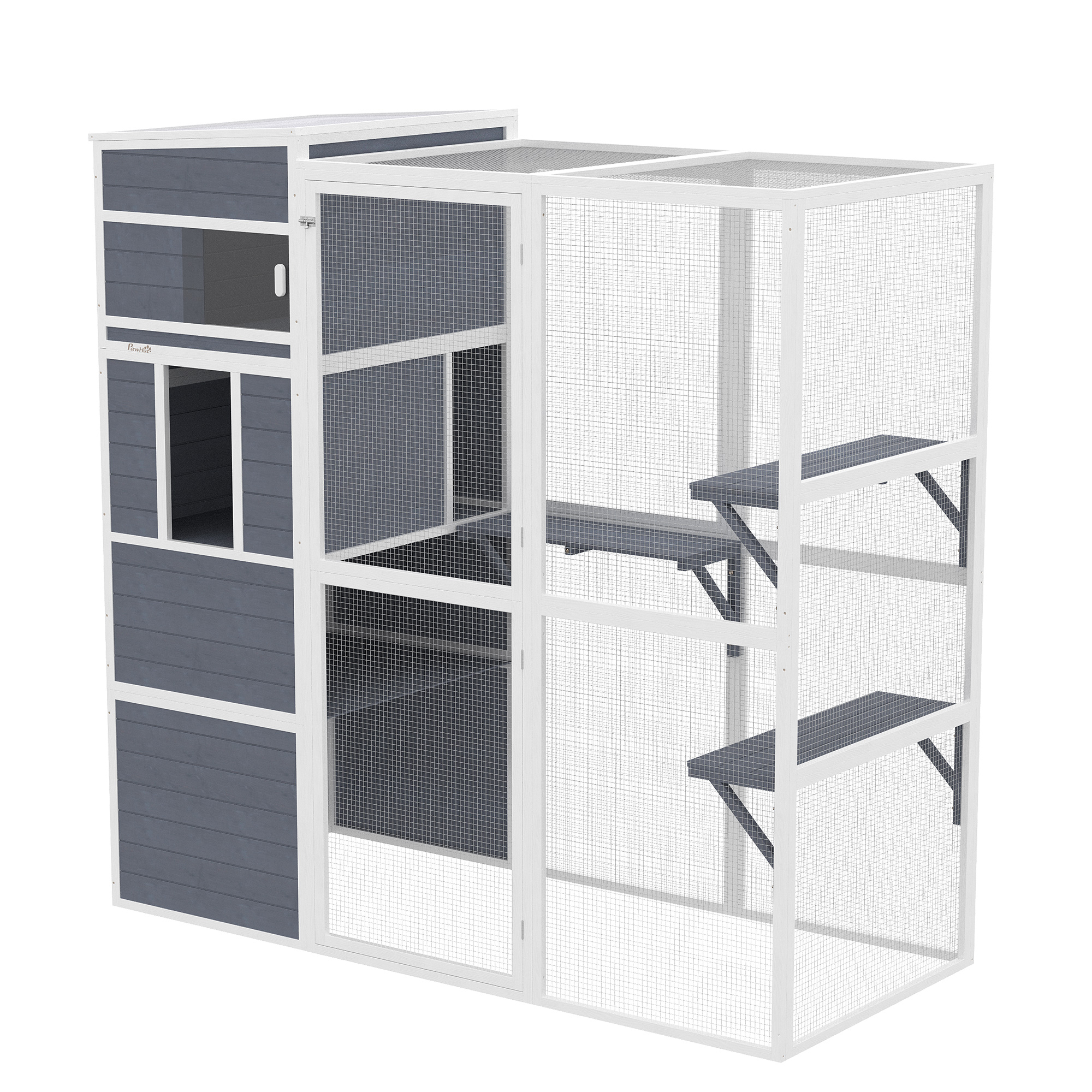 PawHut Cușcă pentru pisici în aer liber Casă din lemn cu 3 platforme acoperiș rezistent la intemperii zonă de odihnă pentru 3-4 pisici până la 10 kg Gri | Aosom Romania