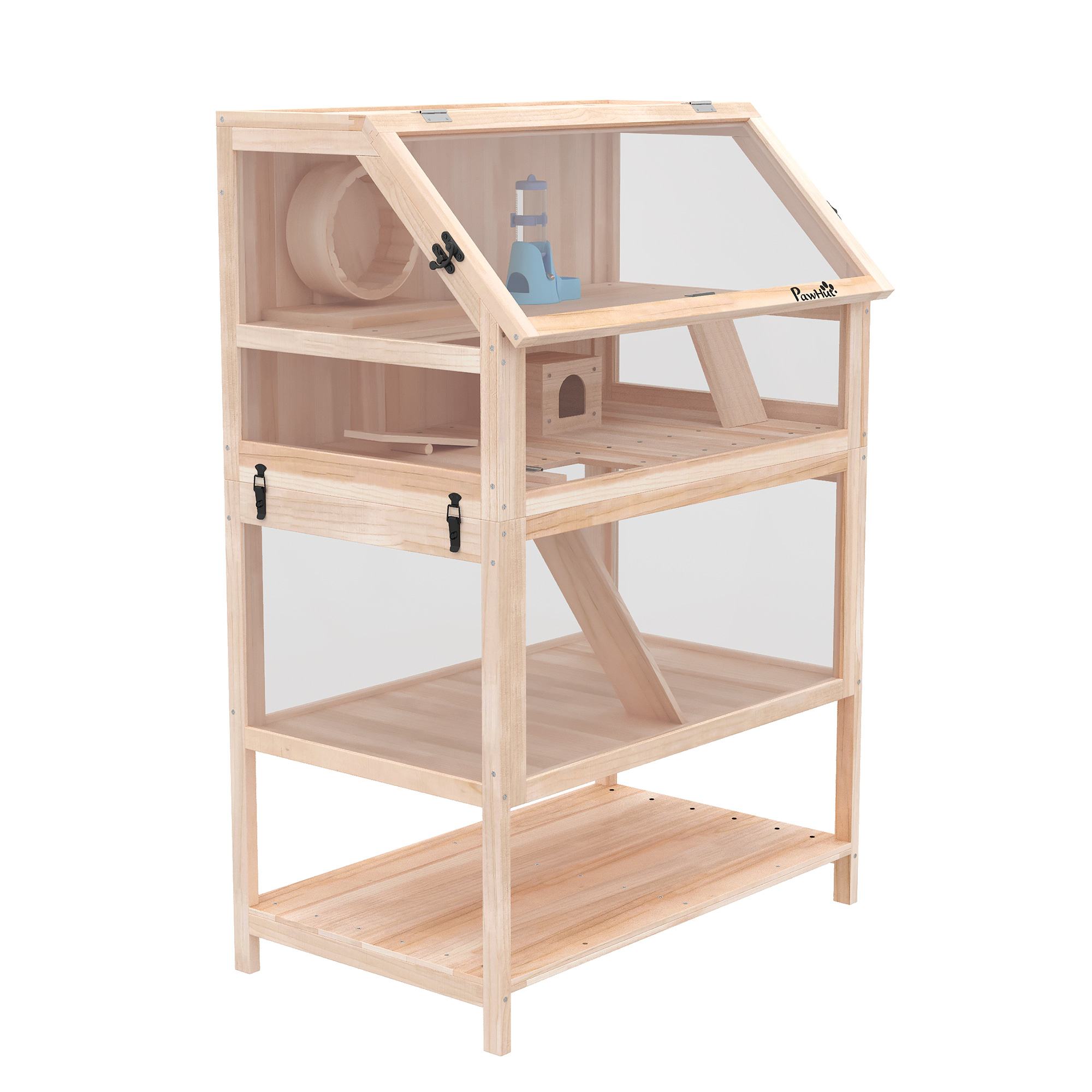 PawHut Jaula para hámster de madera 3 niveles Jaula para roedores con base desmontable, estante, rueda, balancín, rampa, casita 80x53x117cm Madera natural | Aosom España