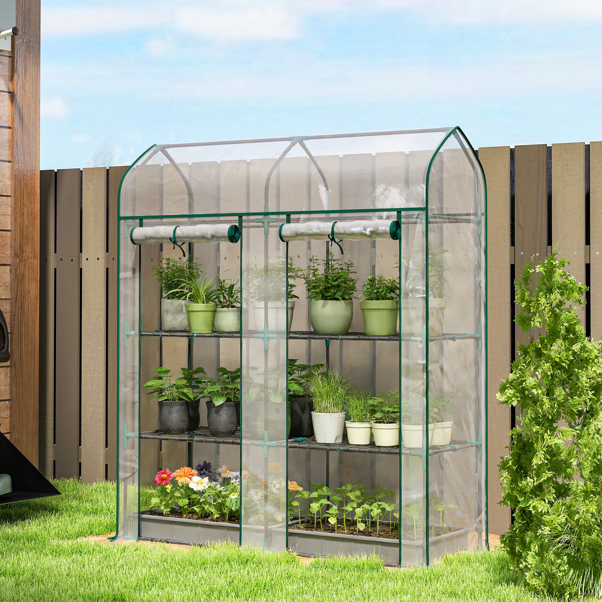 Outsunny Kleines Gewächshaus mit 3 Ebenen, Außen-Gewächshaus mit 2 aufrollb günstig online kaufen