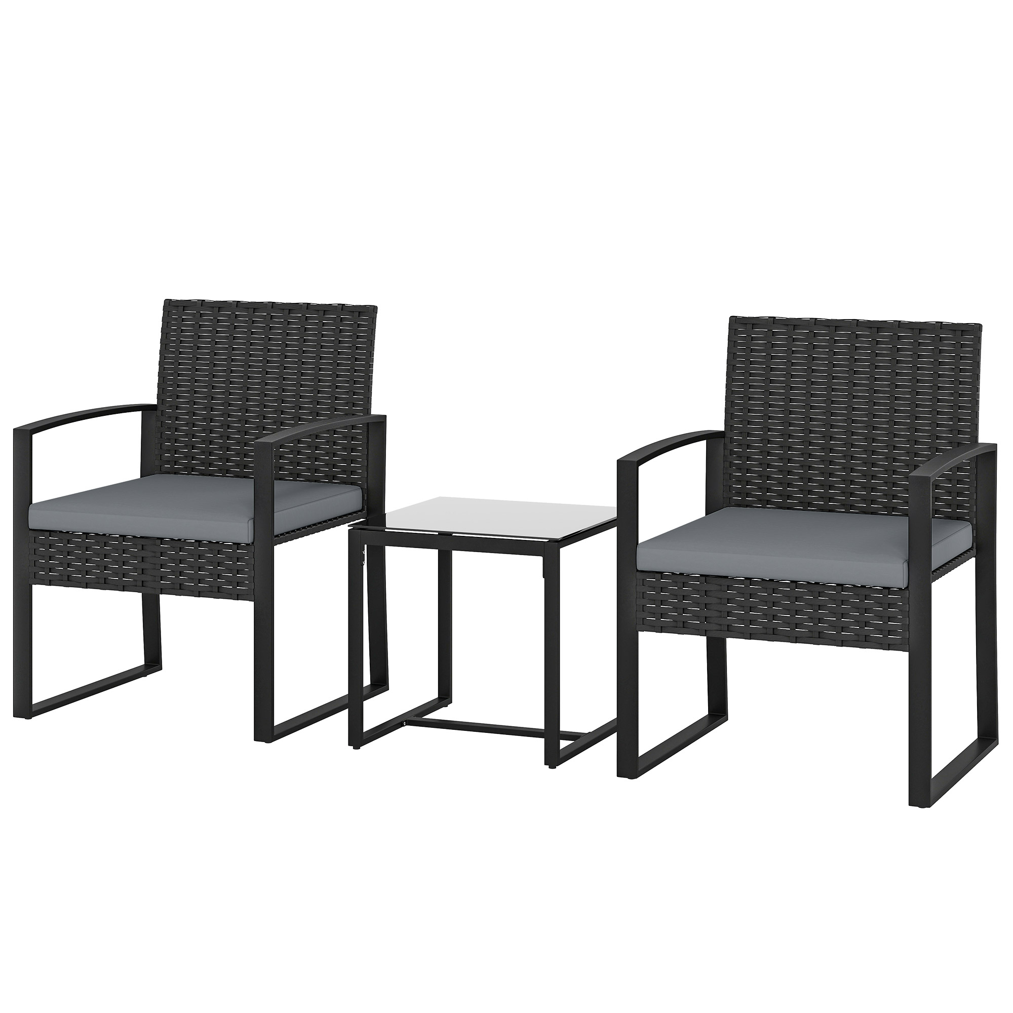 Outsunny Ensemble de meubles de jardin en rotin synthétique avec 2 chaises avec coussins amovibles et table avec plateau en verre gris