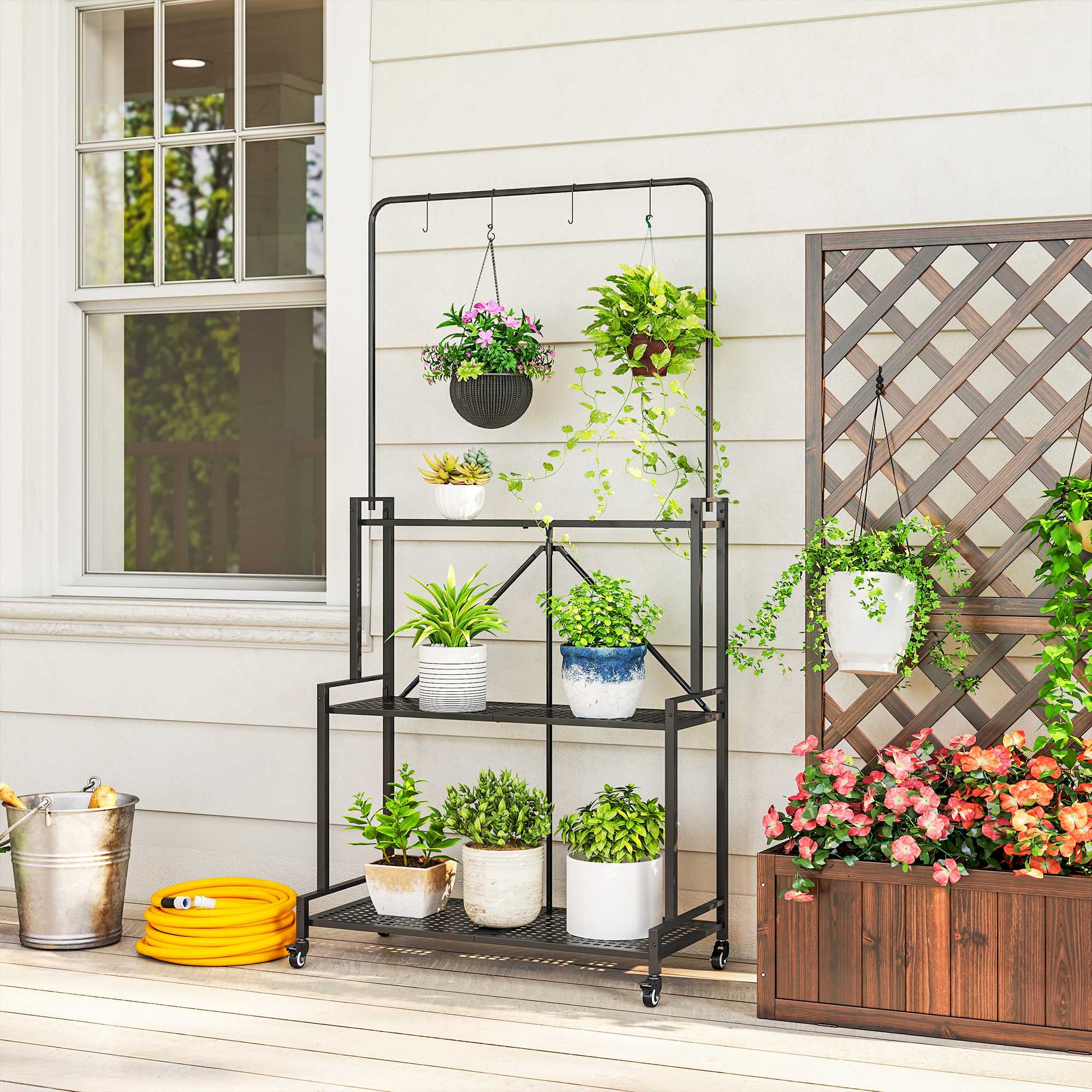 Outsunny 3-Etagen Pflanzenständer Klappbar Blumenständer mit Rolle, Haken, günstig online kaufen