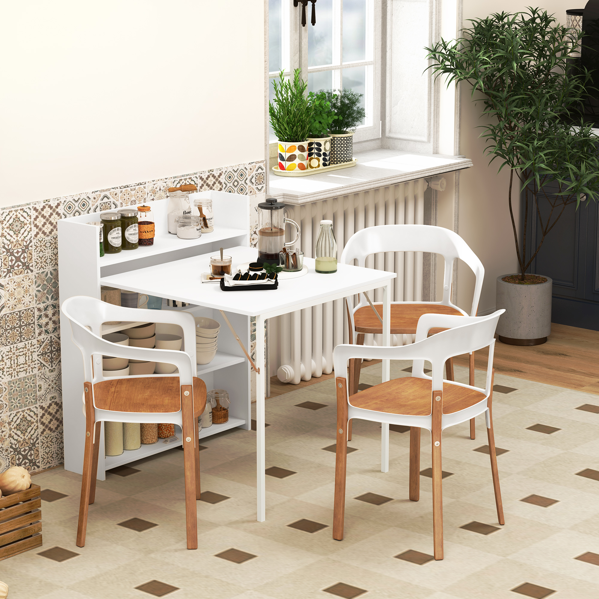 Table à Manger Pliante HOMCOM – Avec Abattants Et 4 étagères, Pour 3 Personnes, Blanc, Idéale Petits Espaces