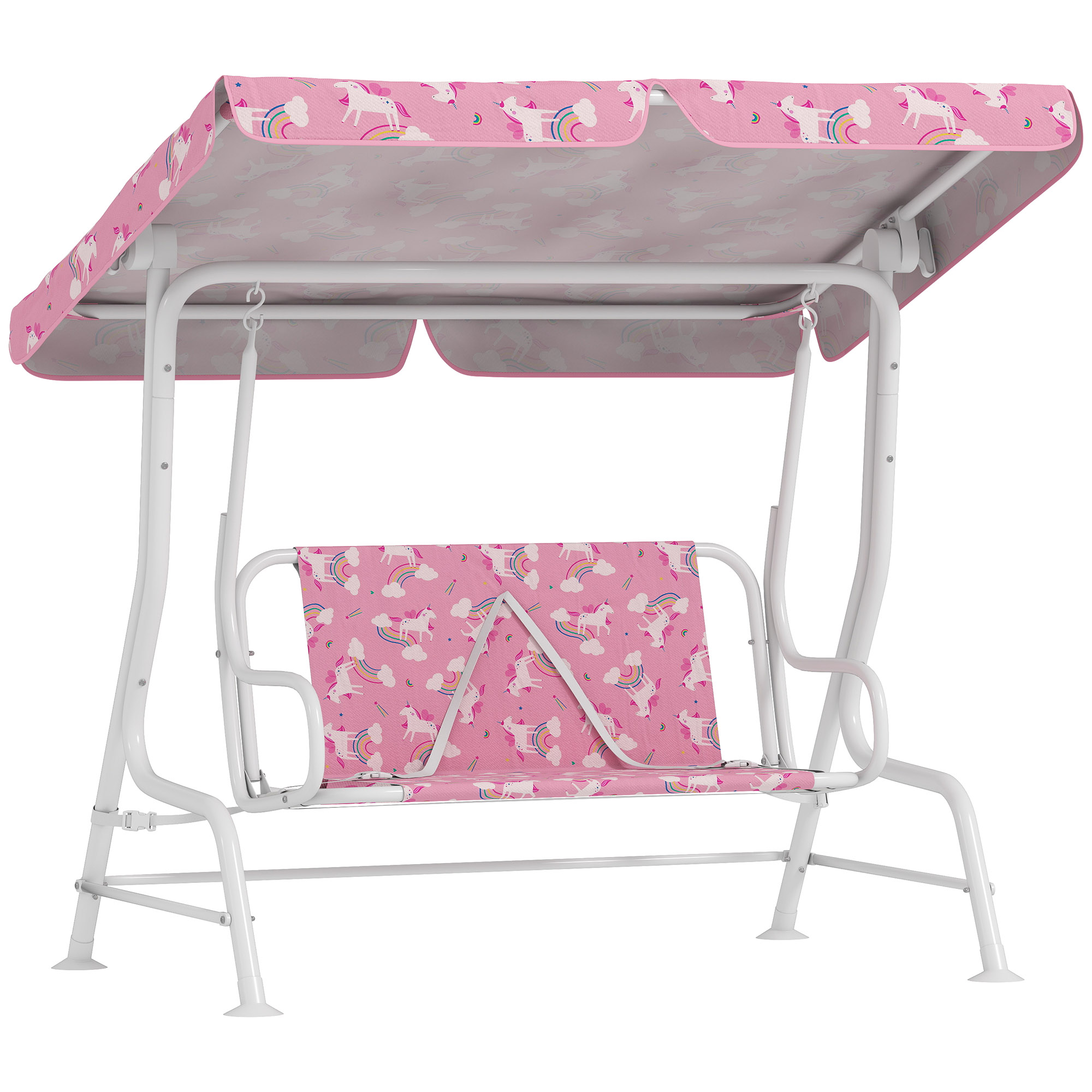 AIYAPLAY Columpio Jardín Exterior para niños 2 Plazas Toldo Ajustable Cinturones de Seguridad Diseño de Unicornio Arcoíris Rosa
