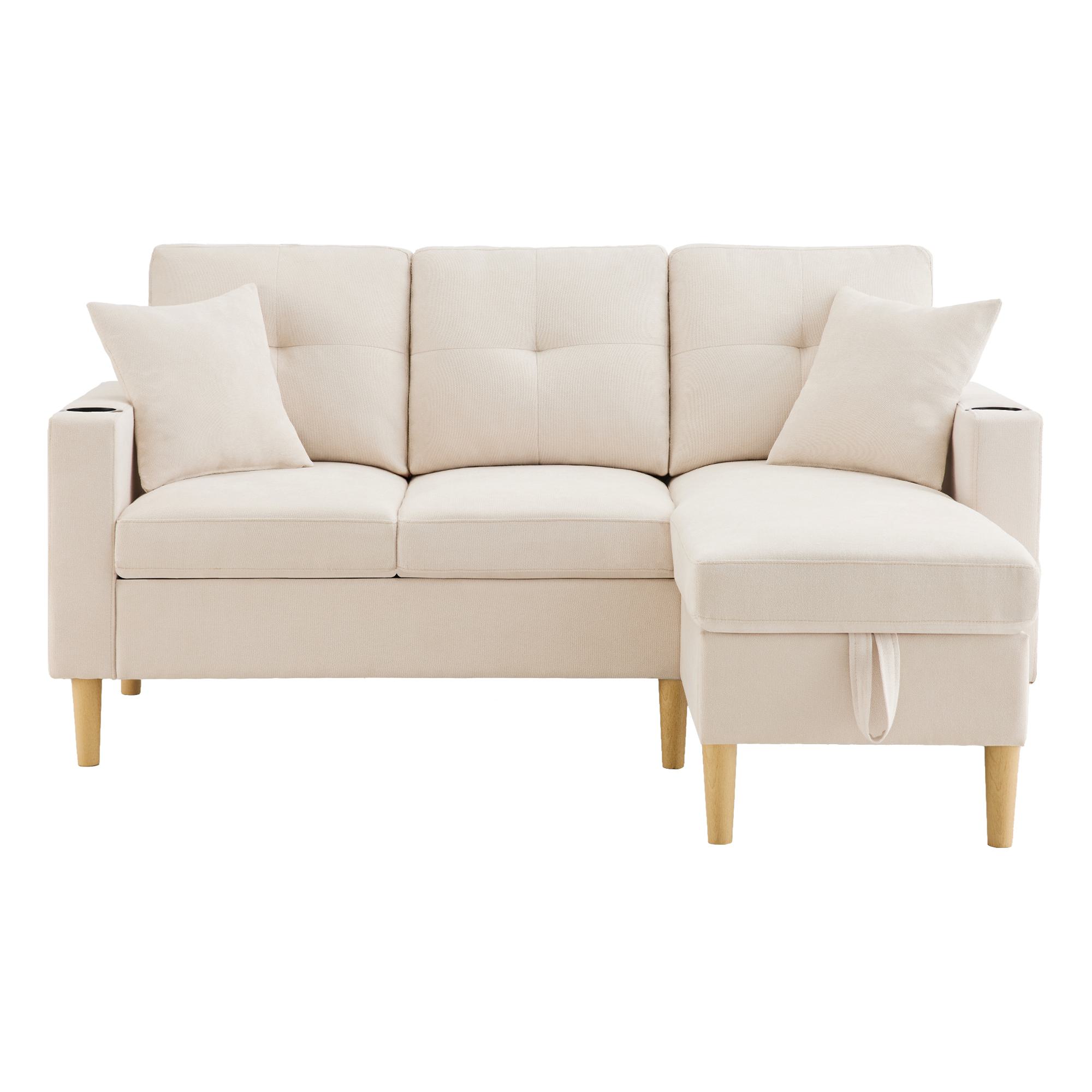 Canapé d'angle moderne en L, 3 places avec méridienne et rangement, porte-gobelet intégré, 175x129x90 cm, Beige