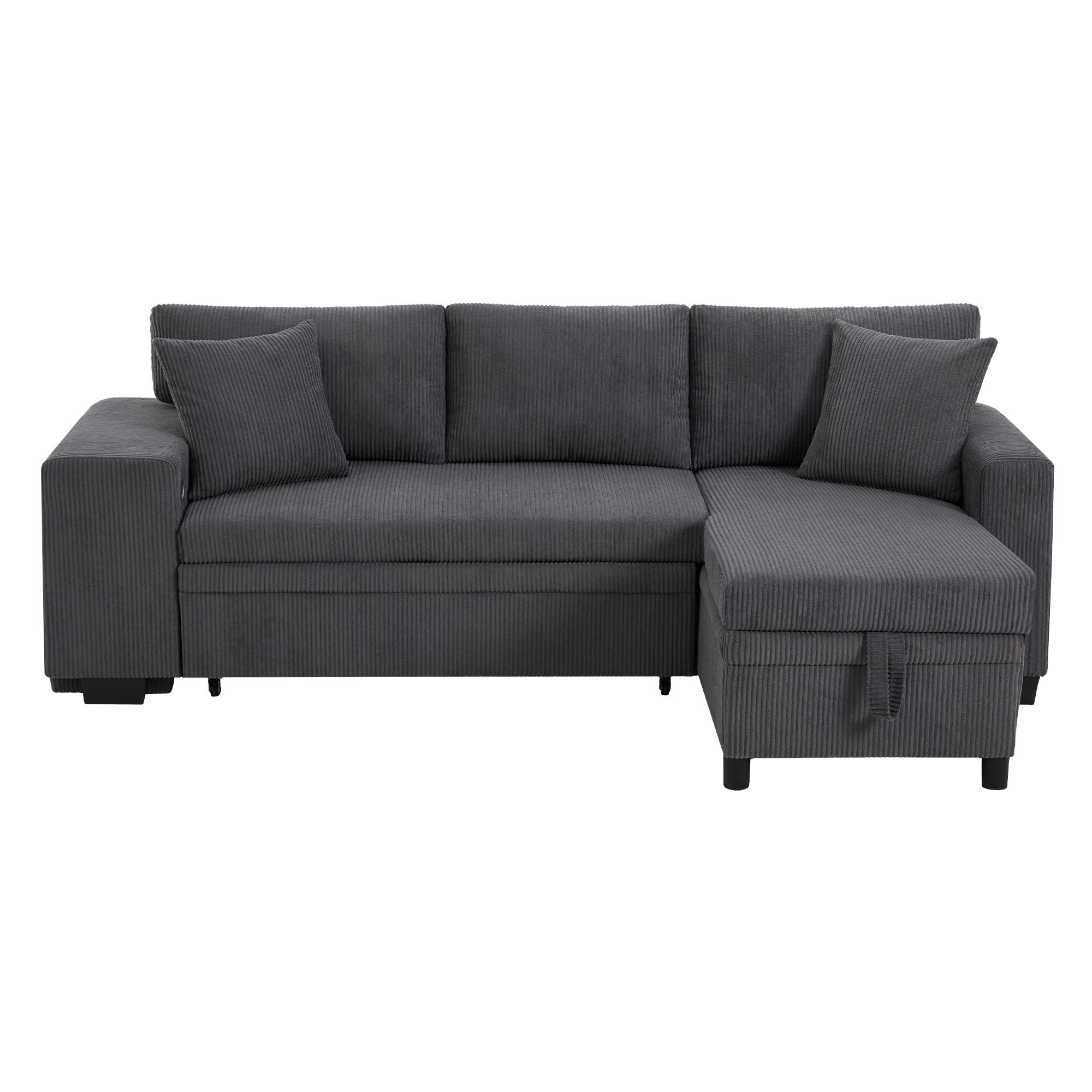Canapé-lit pliant avec fonction couchage, port de charge USB, tablettes latérales et rangement, 231x131,5x84 cm, Gris