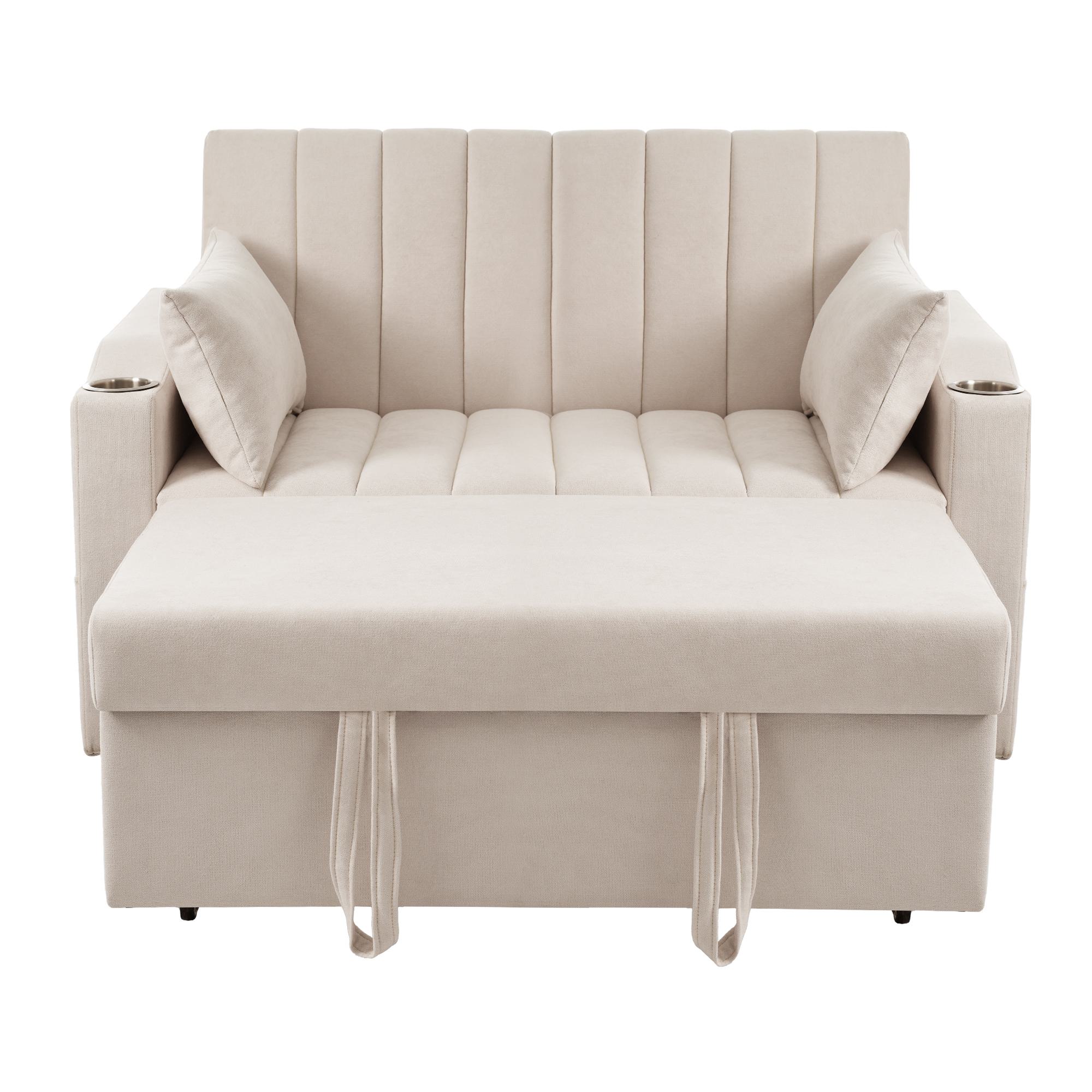 Canapé-lit multifonction moderne avec dossier réglable, porte-gobelet et coussin, Beige