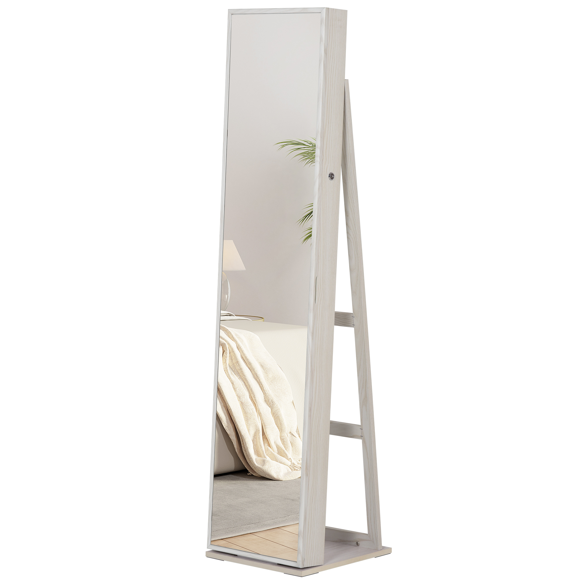 HOMCOM Espejo Joyero de Pie Armario de Joyería con 6 Luces LED y Cerradura Organizador con Estantes Ranuras Anillos 38x38x157 cm Blanco   Aosom España