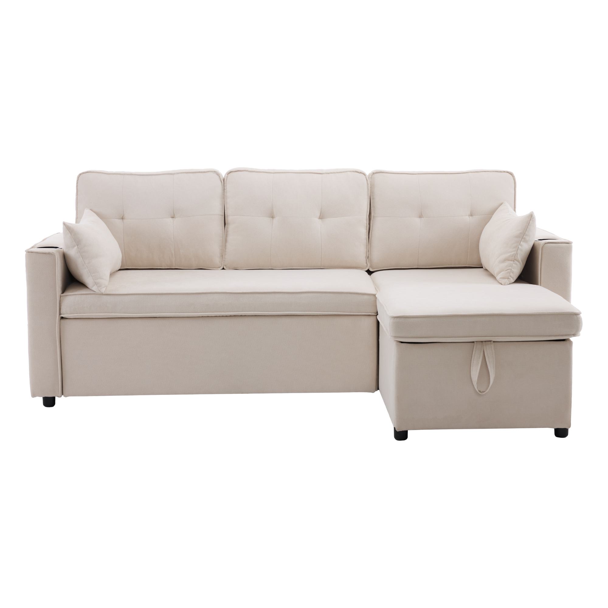 Canapé-lit avec fonction de couchage, canapé en L avec rangement et porte-gobelets, 211x130x86 cm, Beige