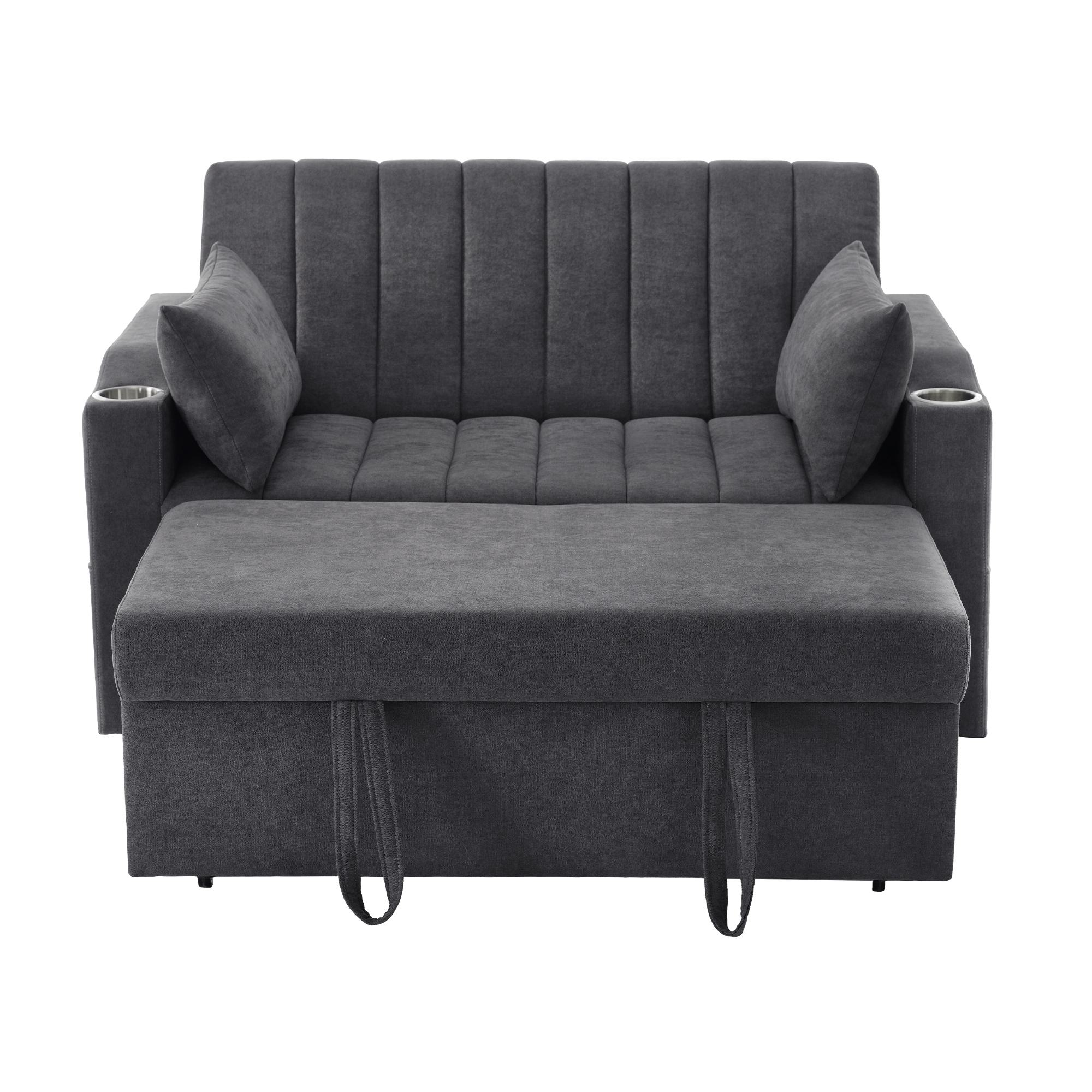 Canapé-lit multifonction moderne avec dossier réglable, porte-gobelet et coussin, Gris