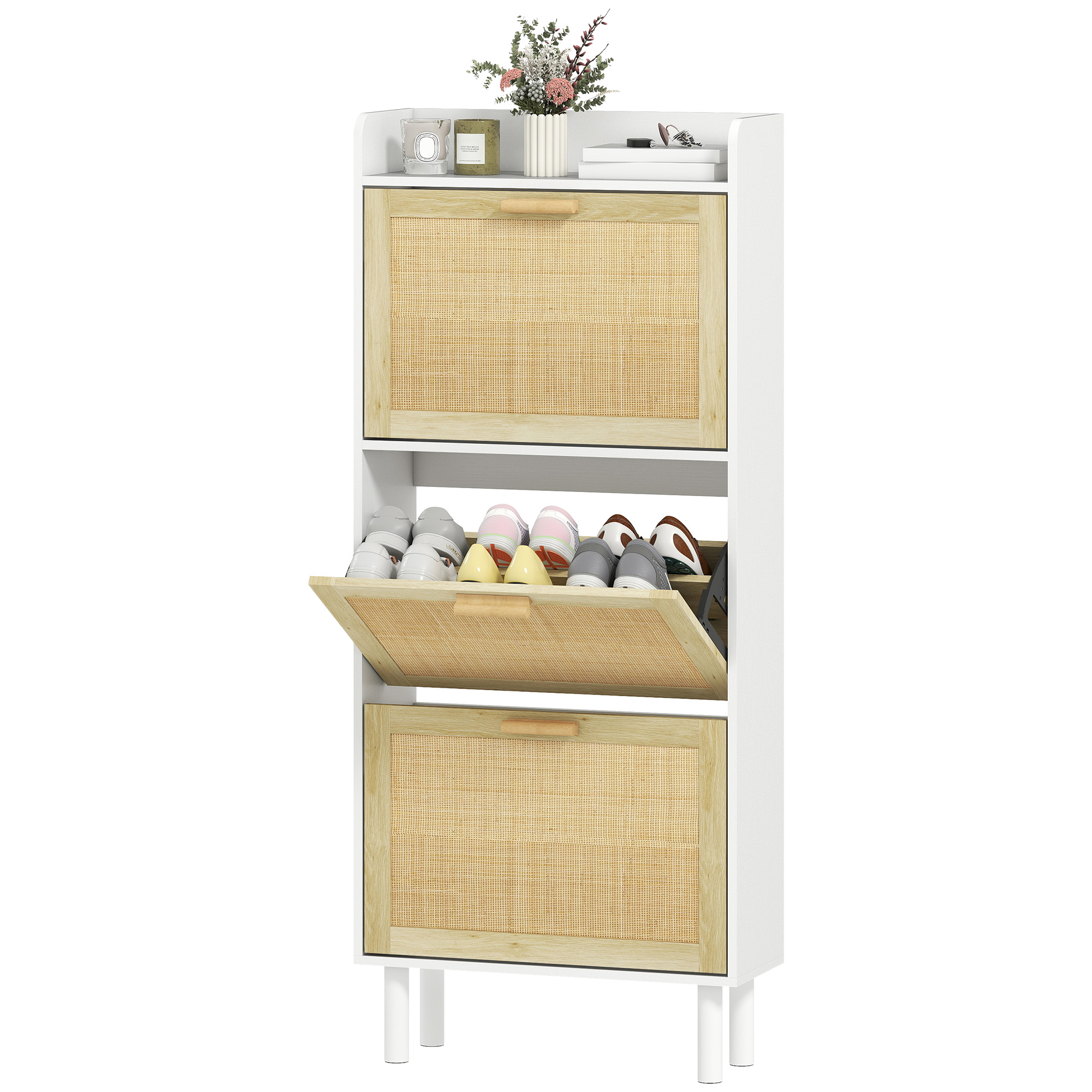 HOMCOM Meuble à chaussures 3 portes abattants étagère effet résine tressée design bohème 65 x 24,5 x 153 cm blanc