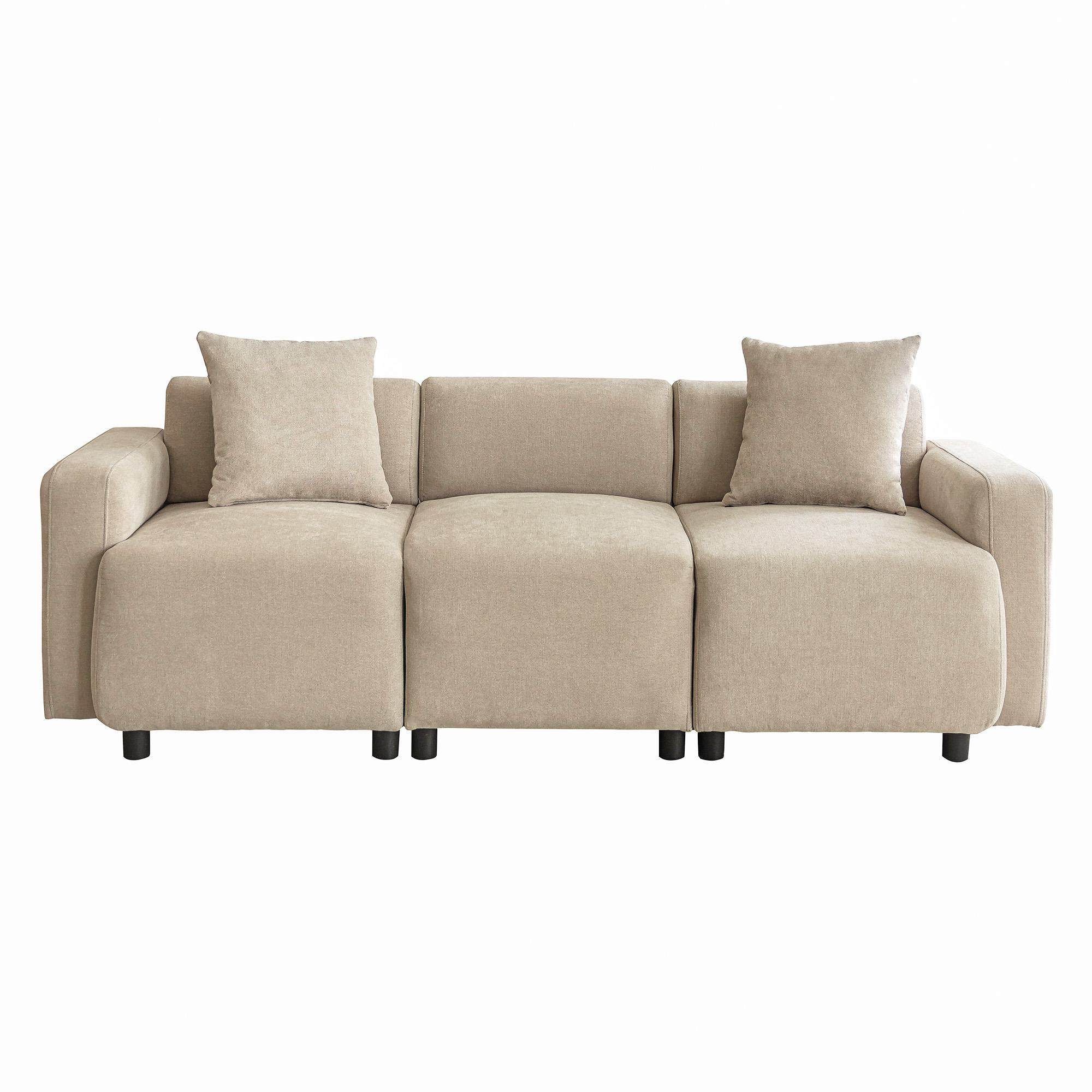 Canapé 3 places moderne avec coussins déco, tissu chenille, Beige