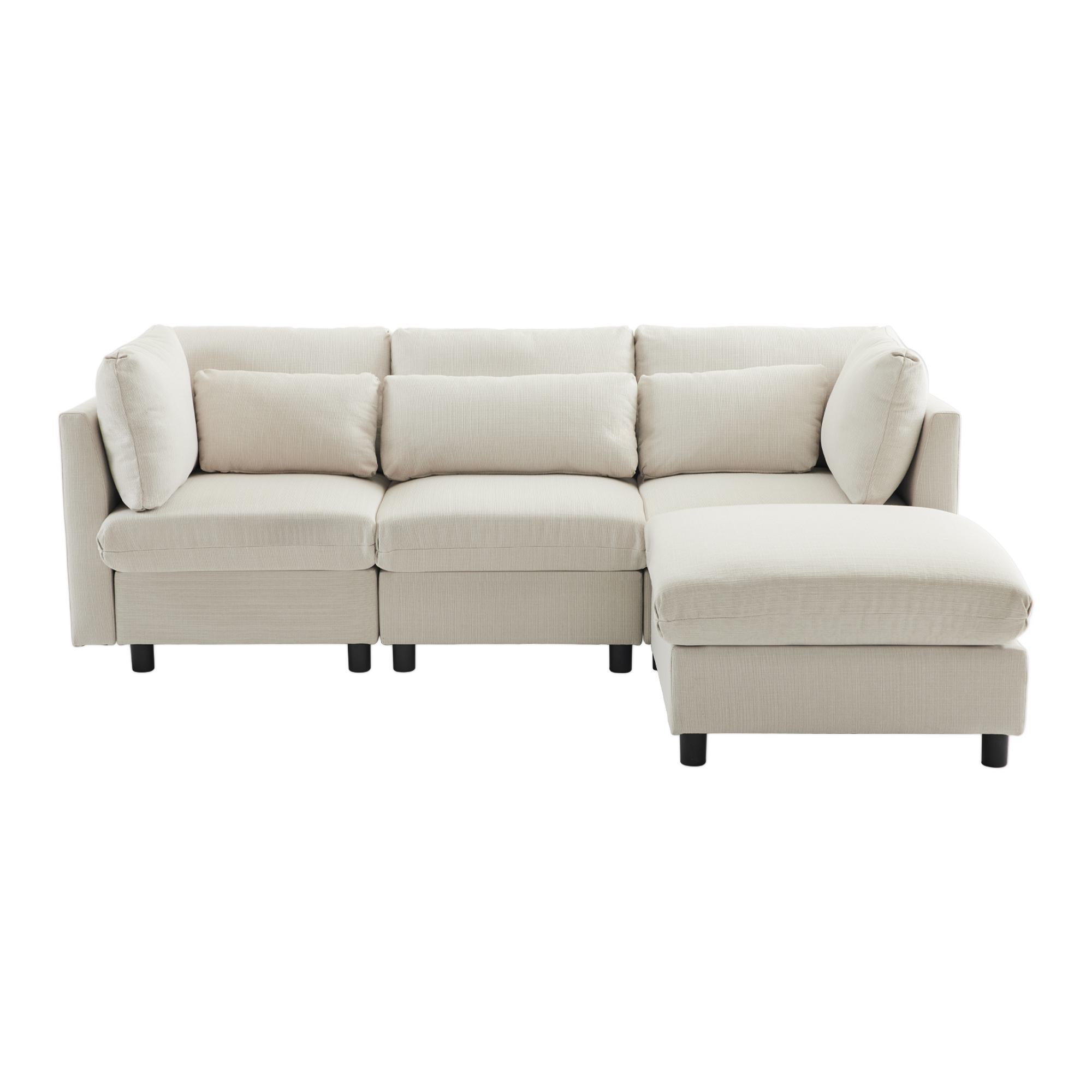 Canapé d'angle moderne en L avec pouf, canapé 3 places en lin, dossier haut et coussins, 220x83x81 cm, Beige