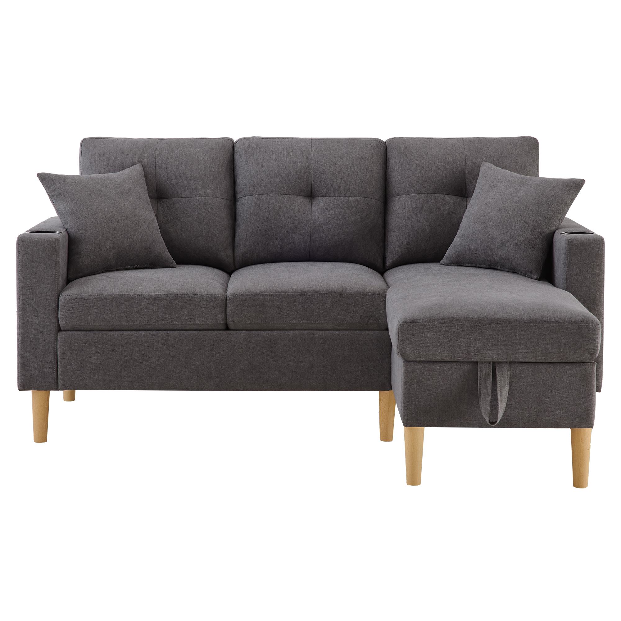Canapé d'angle moderne en L, 3 places avec méridienne et rangement, porte-gobelet intégré, 175x129x90 cm, Gris foncé