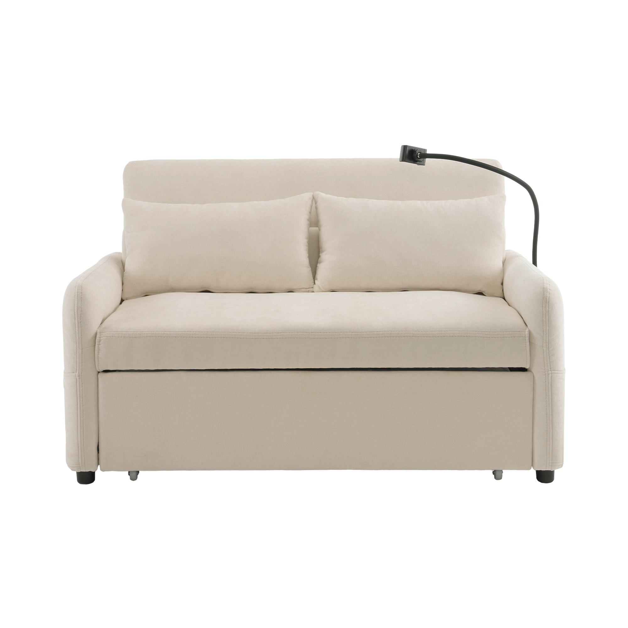 Canapé-lit double pliant moderne, avec dossier réglable, support pour smartphone et port USB de recharge, 129x76x81 cm, Beige