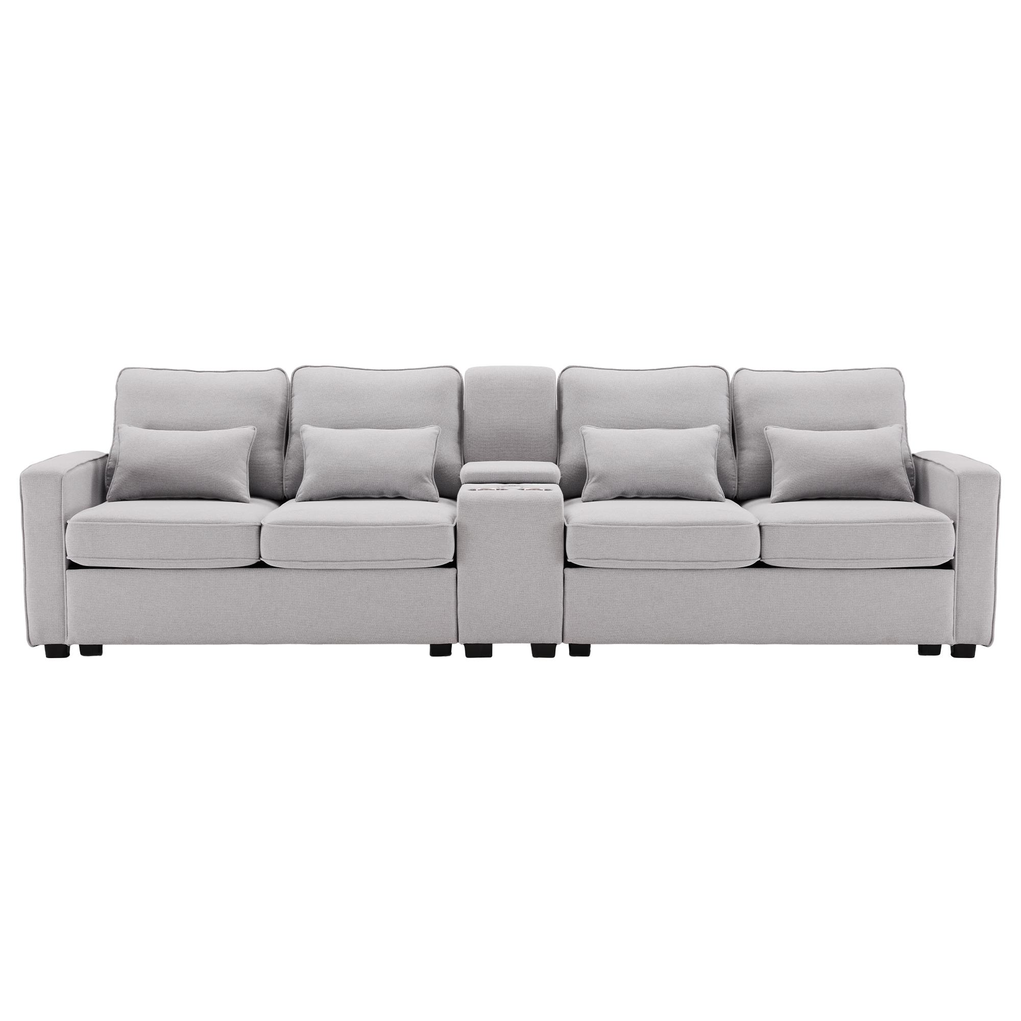 Canapé 4 places moderne en tissu de lin, avec console, 2 porte-gobelets, 2 ports USB, 290x83x88 cm, Gris
