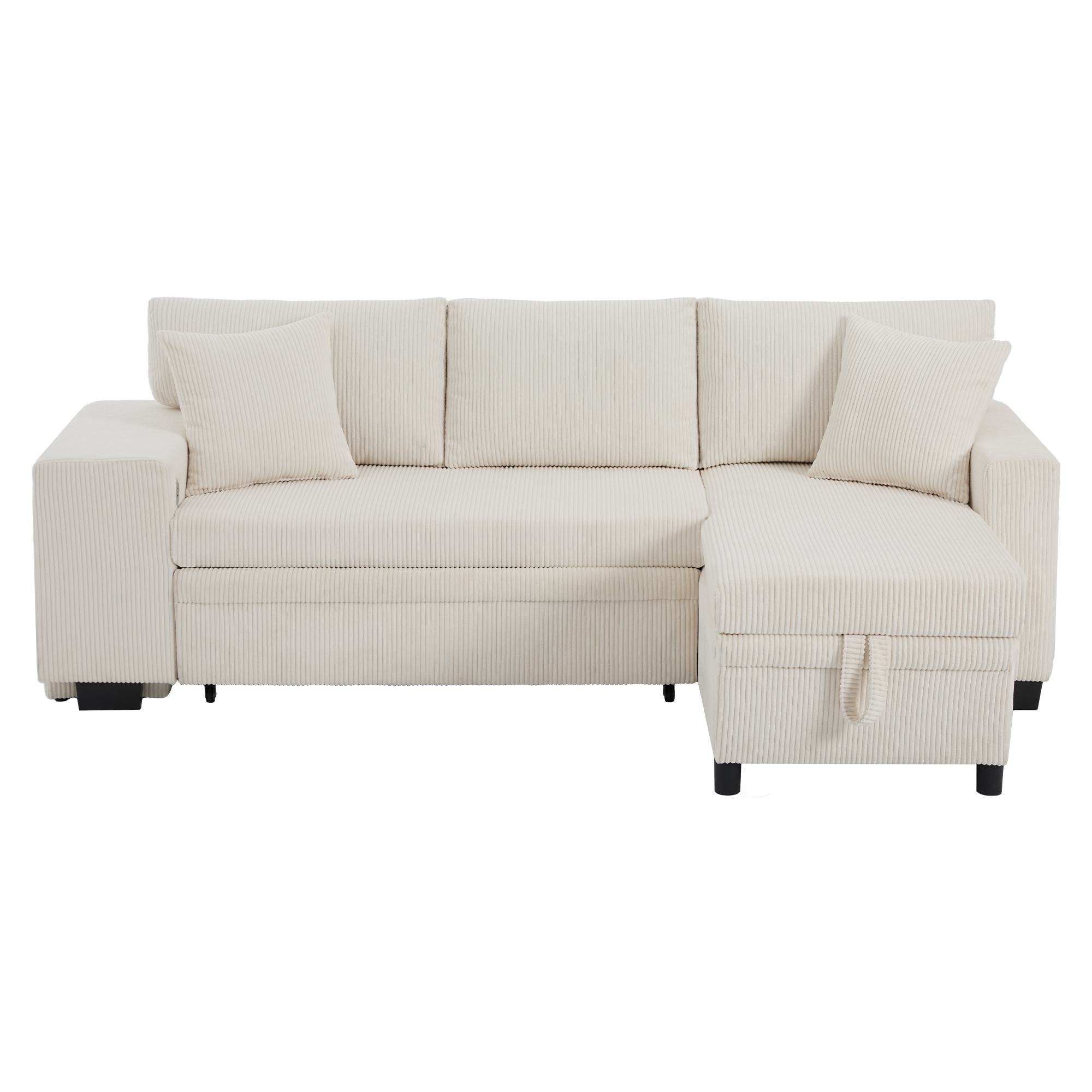 Canapé-lit pliant avec fonction couchage, port de charge USB, tablettes latérales et rangement, 231x131,5x84 cm, Beige