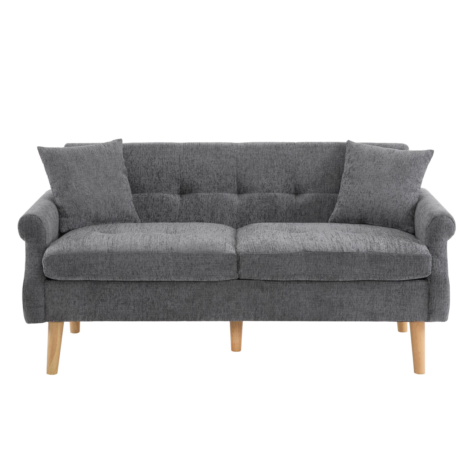 Canapé 2 places moderne en tissu chenille avec coussins épais, pieds robustes en bois massif, Gris
