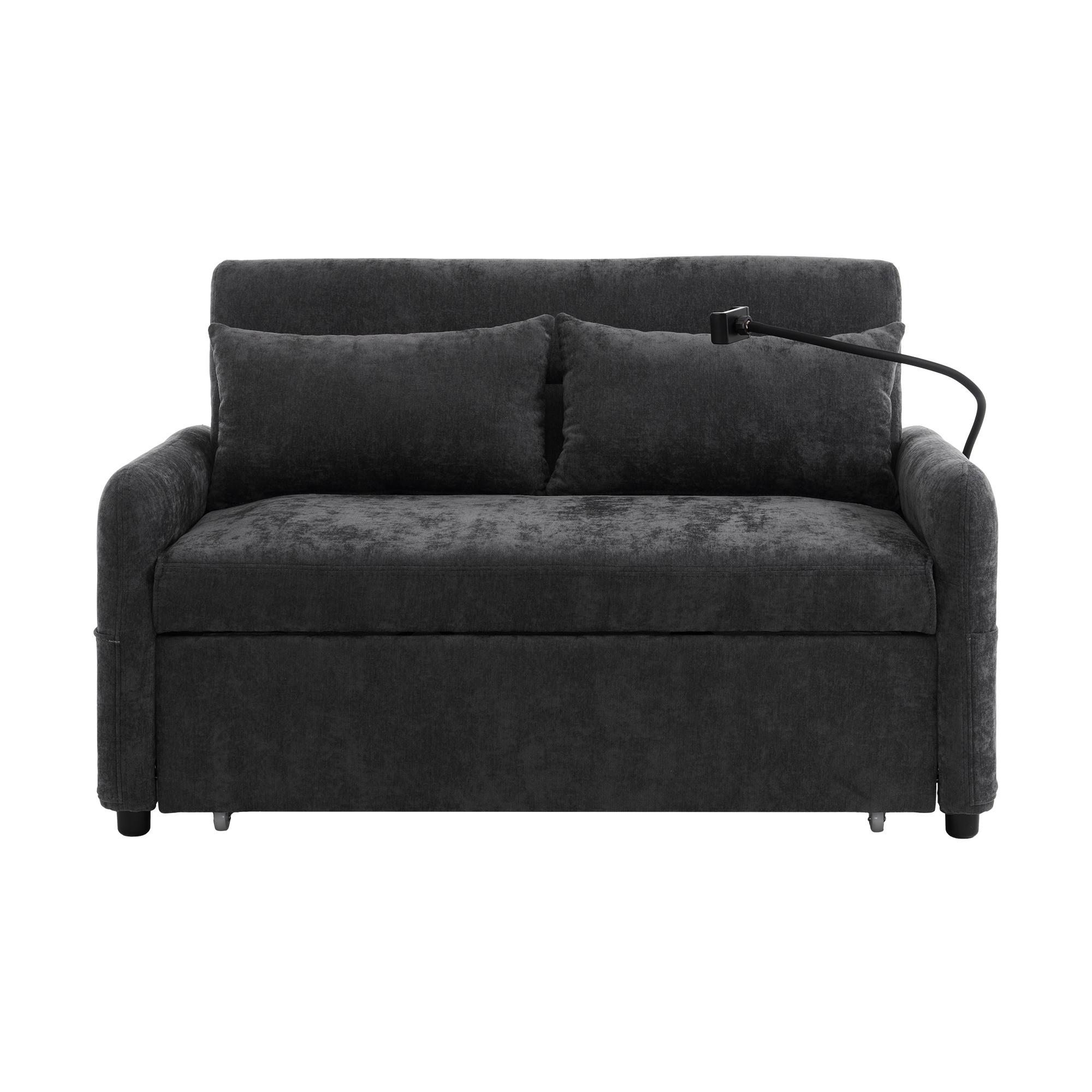 Canapé-lit double pliant moderne, avec dossier réglable, support pour smartphone et port USB de recharge, 129x76x81 cm, Gris
