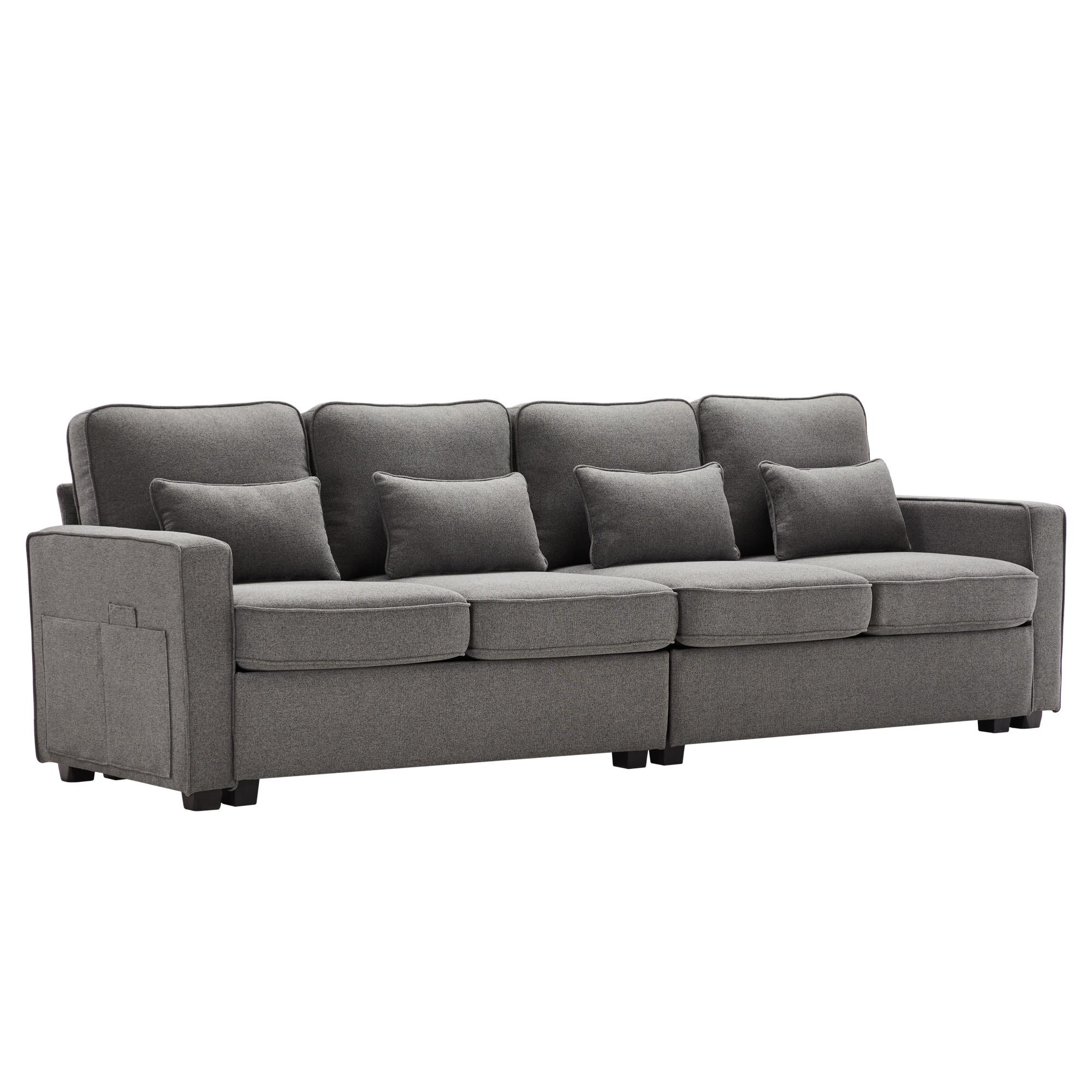Canapé moderne 4 places en tissu lin, avec poches d'accoudoir et 4 coussins, 264x83x87 cm, Gris foncé