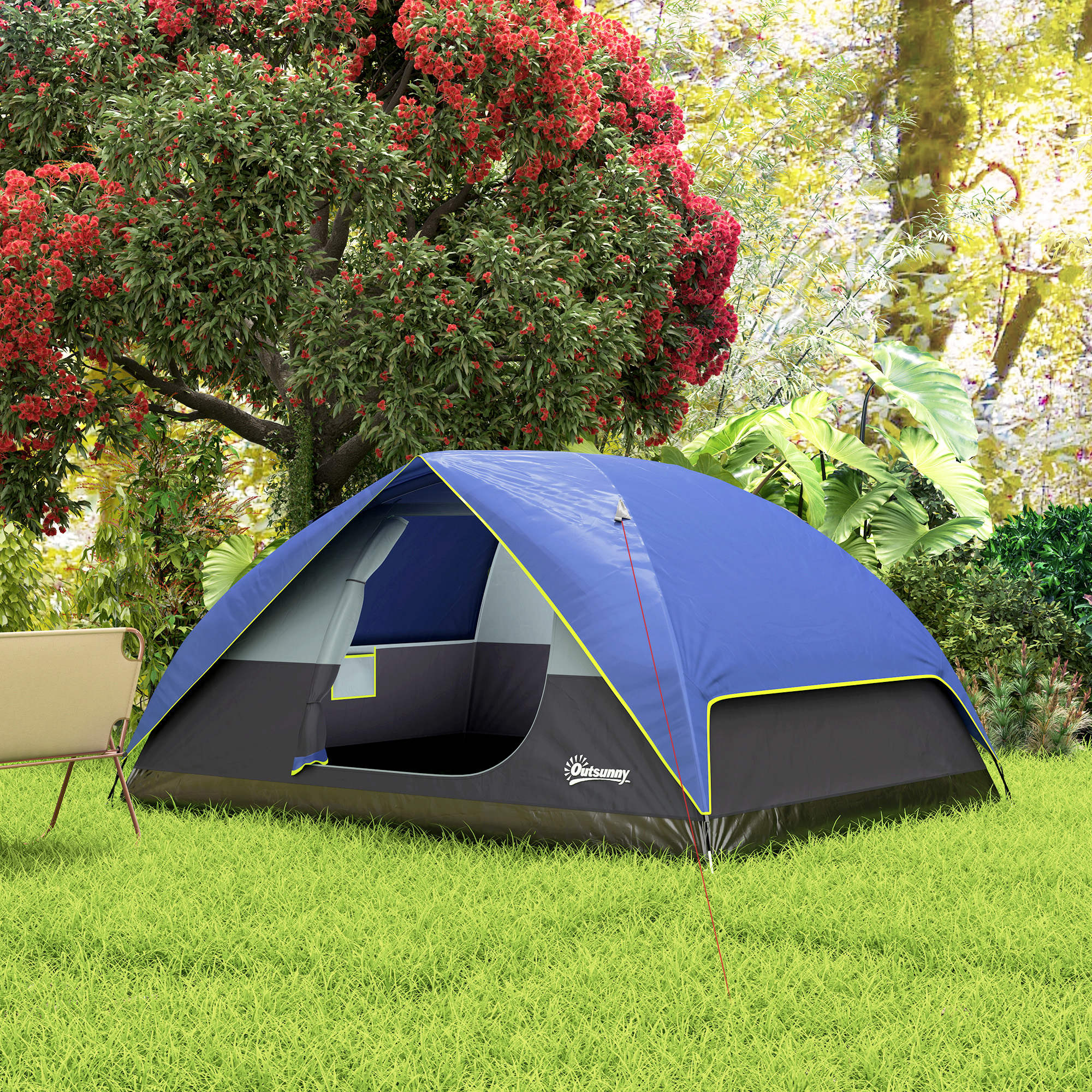 Outsunny Tente de Camping 2-4 Personnes, Tente dôme familiale imperméable, avec fenêtre, 2 Poches, Port d'alimentation, Sac de Transport pour Pique-Nique, randonnée, Trekking, Camping, Bleu foncé