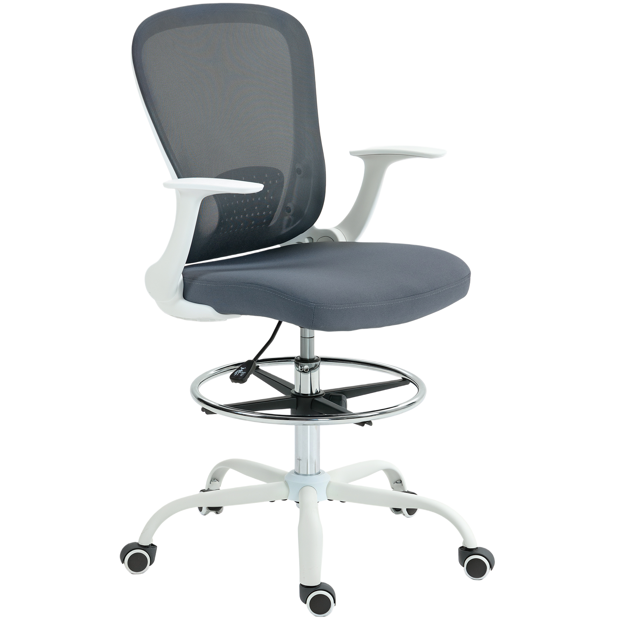 HOMCOM Fauteuil de bureau ergonomique, régalable, avec roulettes, bureau, confort bureau en tissu, polyester, plastique blanc, gris   Aosom France