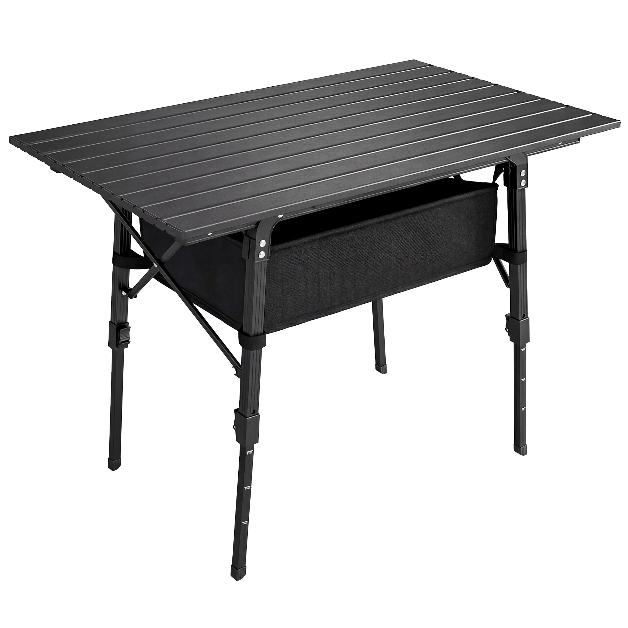 Outsunny Campingtisch, Klappbarer Picknicktisch mit Aufbewahrungskorb, Tragetasche, Höhenverstellbar Klapptisch, für Gartenpartys, Camping, Grillen, Aluminium Schwarz   Aosom – Outsunny
