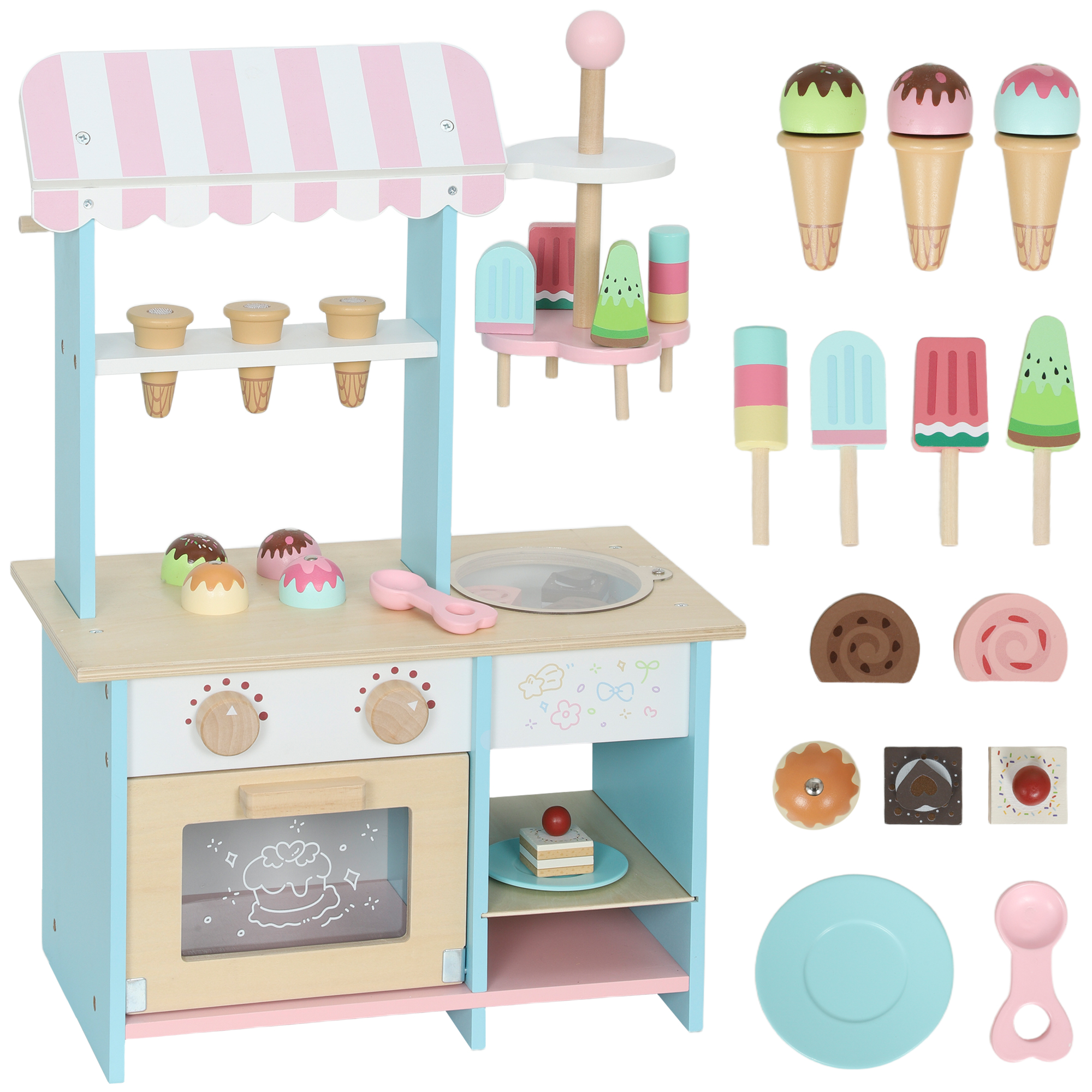 AIYAPLAY Eisdiele Kinder 17 Stück Eis Kinderküche mit Küchenzubehör, Eistheke Spielküche Eisladen Kinder Rollenspiele Montessori Spielzeug Geschenk für Jungen Mädchen ab 3 Jahre   Aosom – AIYAPLAY