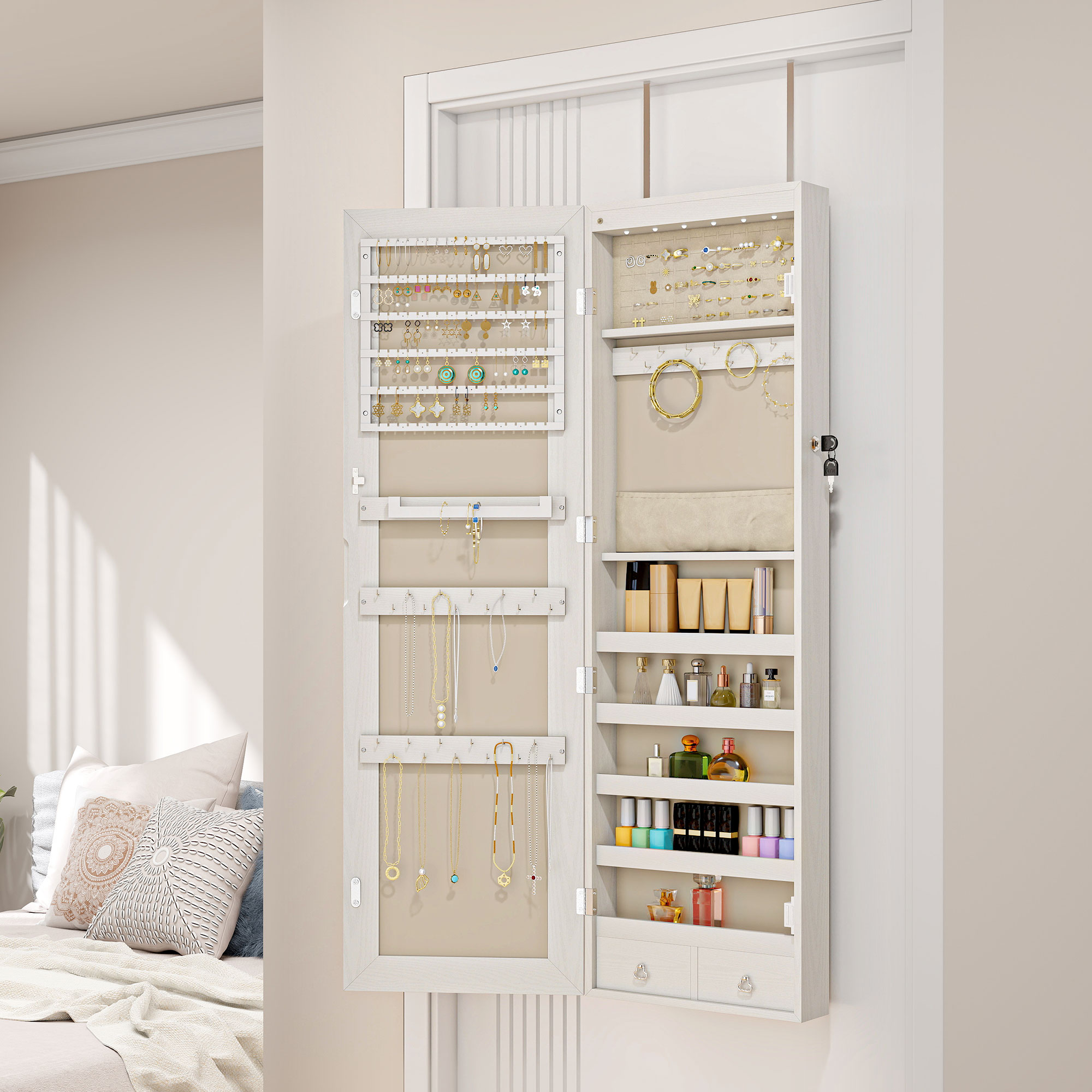 HOMCOM Schmuckspiegelschrank mit LED-Licht, an Wand oder Tür montierbarer S günstig online kaufen