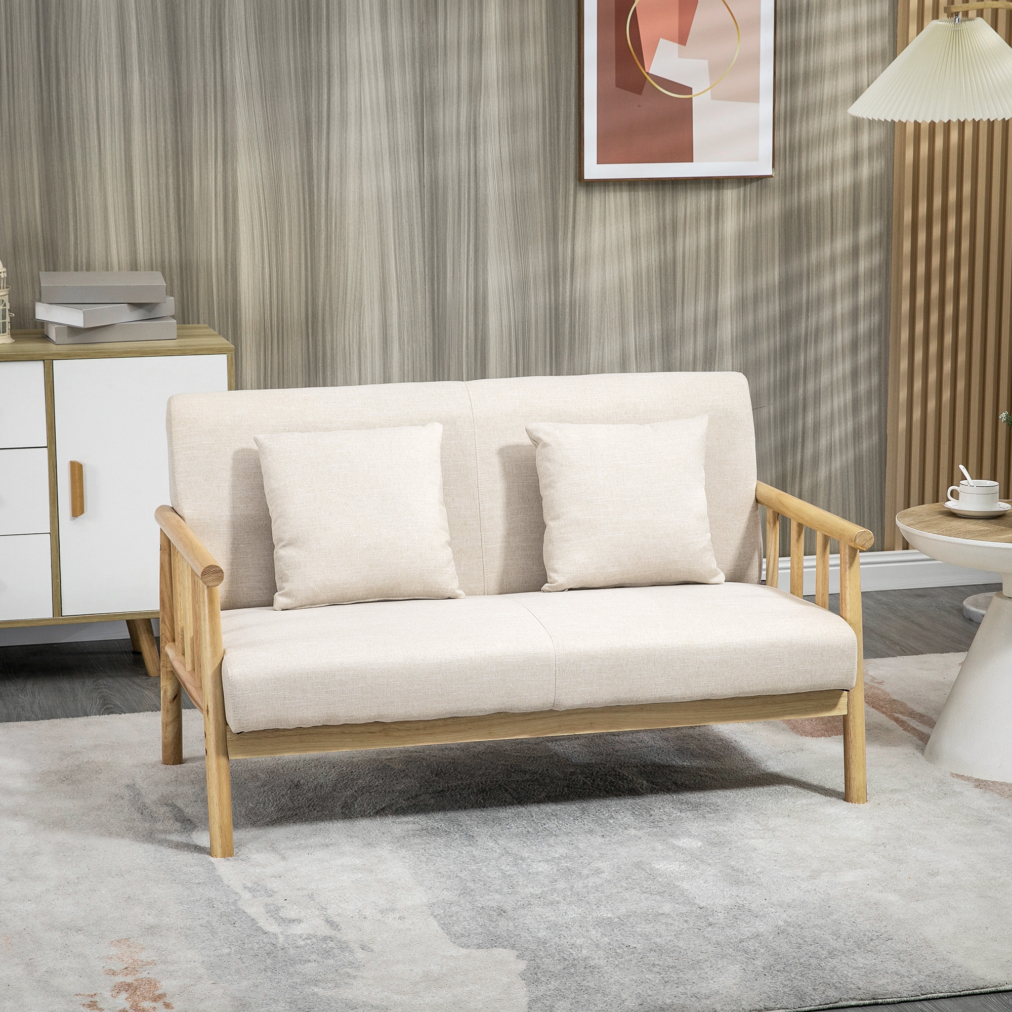 HOMCOM Sofa 2-osobowa, Tapicerka w wyglądzie lnu, Kompaktowa, do 200 kg, Rama drewniana, 123Dł x 69Szer x 74Wys cm, Beżowa