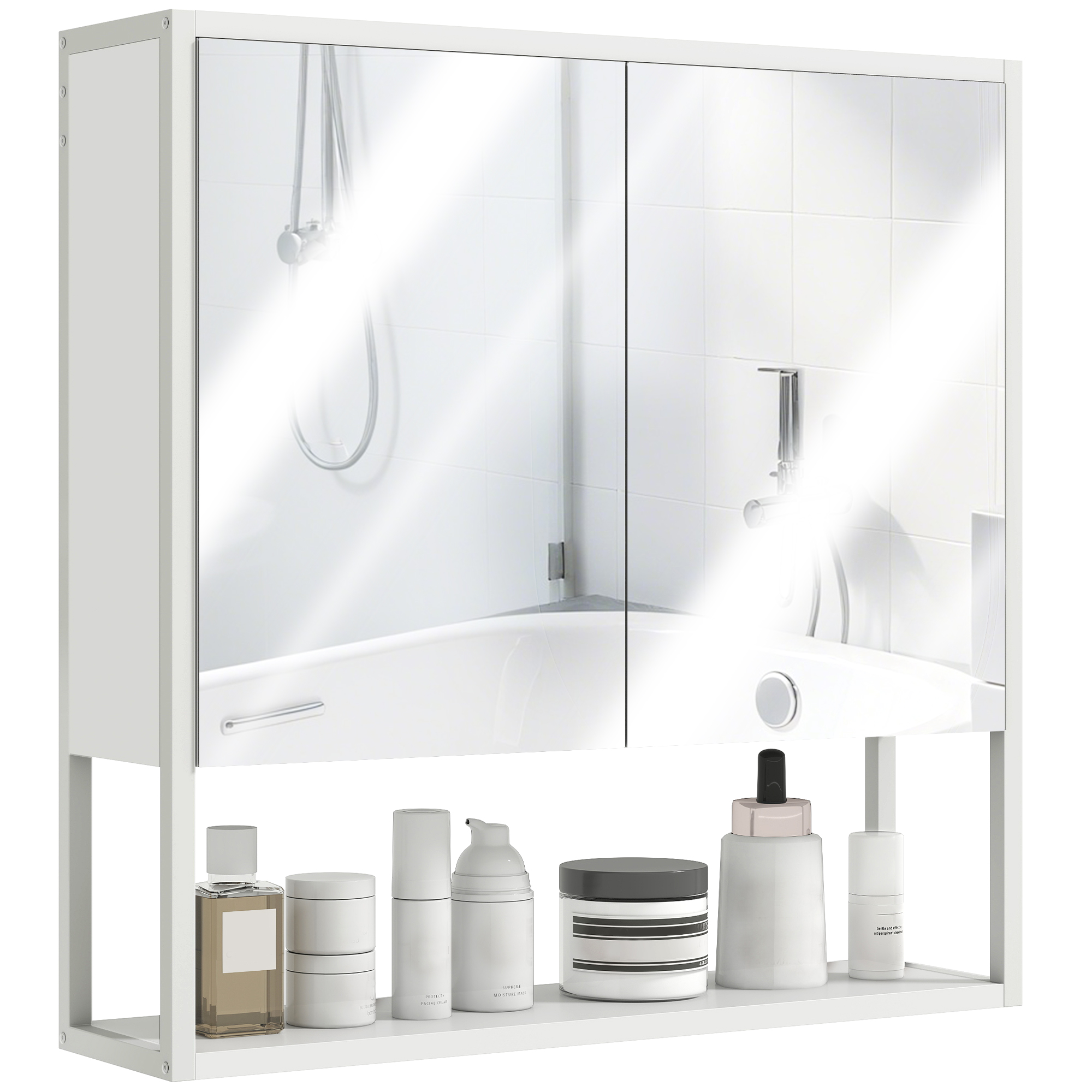 HOMCOM Armoire murale salle de bain avec miroir, meuble salle de bain, 2 portes miroir, étagère ouverte 60 x 16 x 60 cm blanc