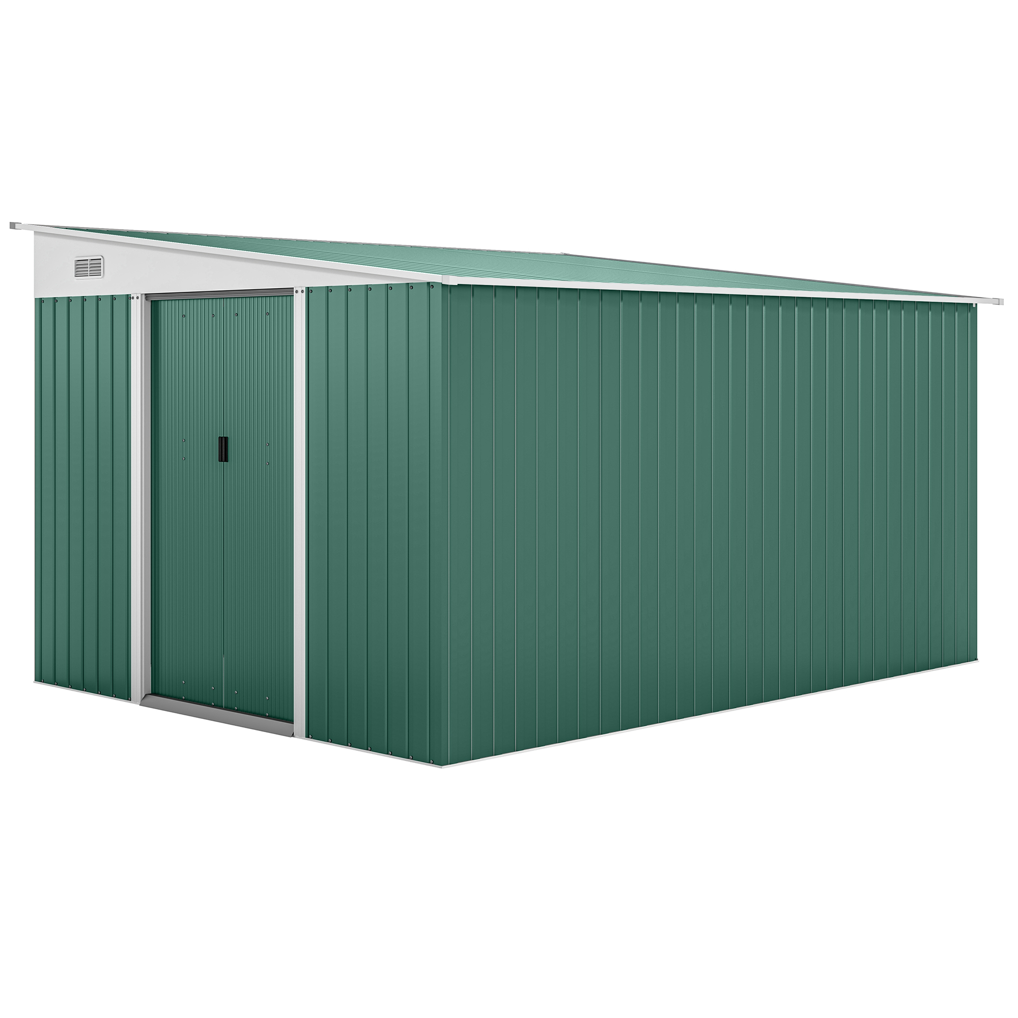 Outsunny Metalowy Schowek Ogrodowy Dach Nachylony z Zablokowanymi Podwójnymi Drzwiami 2,8 x 3,45 x 2,01m Zielony