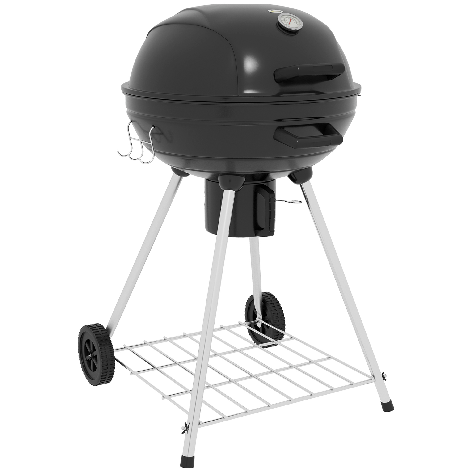Outsunny Grill węglowy z rusztem, kółkami, półką, pojemnikiem na popiół, wbudowanym termometrem do BBQ, metalowy, czarny, 55 x 65 x 89 cm