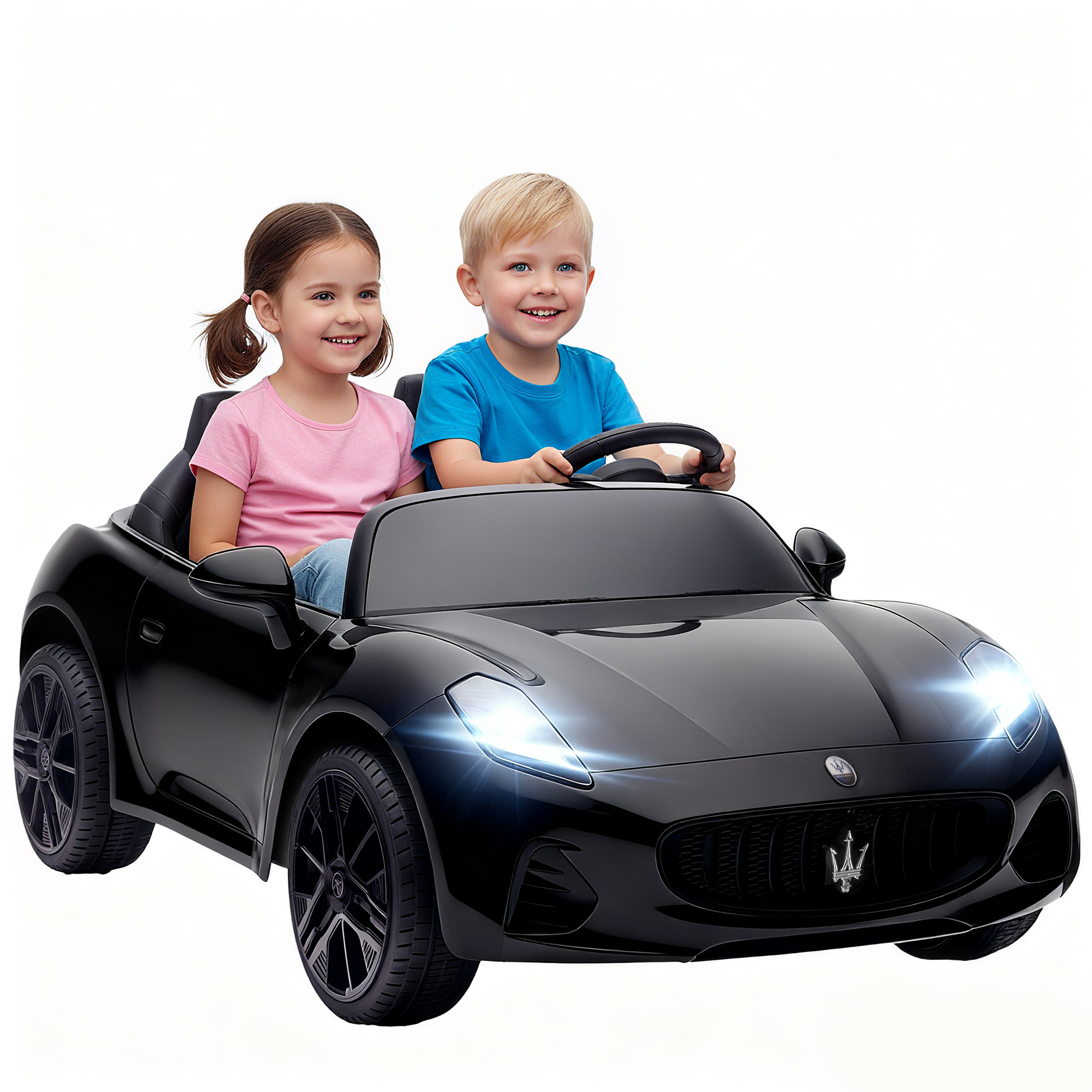 AIYAPLAY Maserati Elektryczny samochód dla dzieci, 2-miejscowy, zasilanie 12V, pilot, światła LED, funkcja muzyki, Czarny