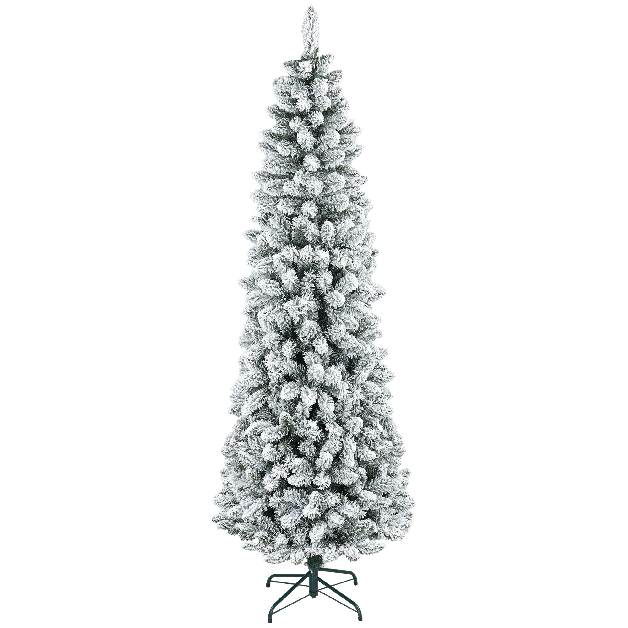 HOMCOM Sztuczna Choinka, niepalna, ze sztucznym śniegiem, szczupła, na metalowej podstawie, 75 x 210 cm, Zielona