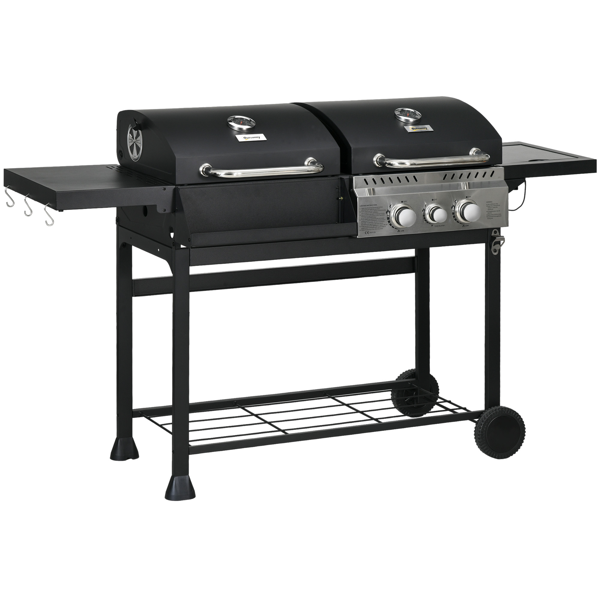 Outsunny Grill gazowy BBQ-Grill, z termometrem, płytkami podgrzewającymi, 161 x 53 x 101 cm, Czarny + Srebrny
