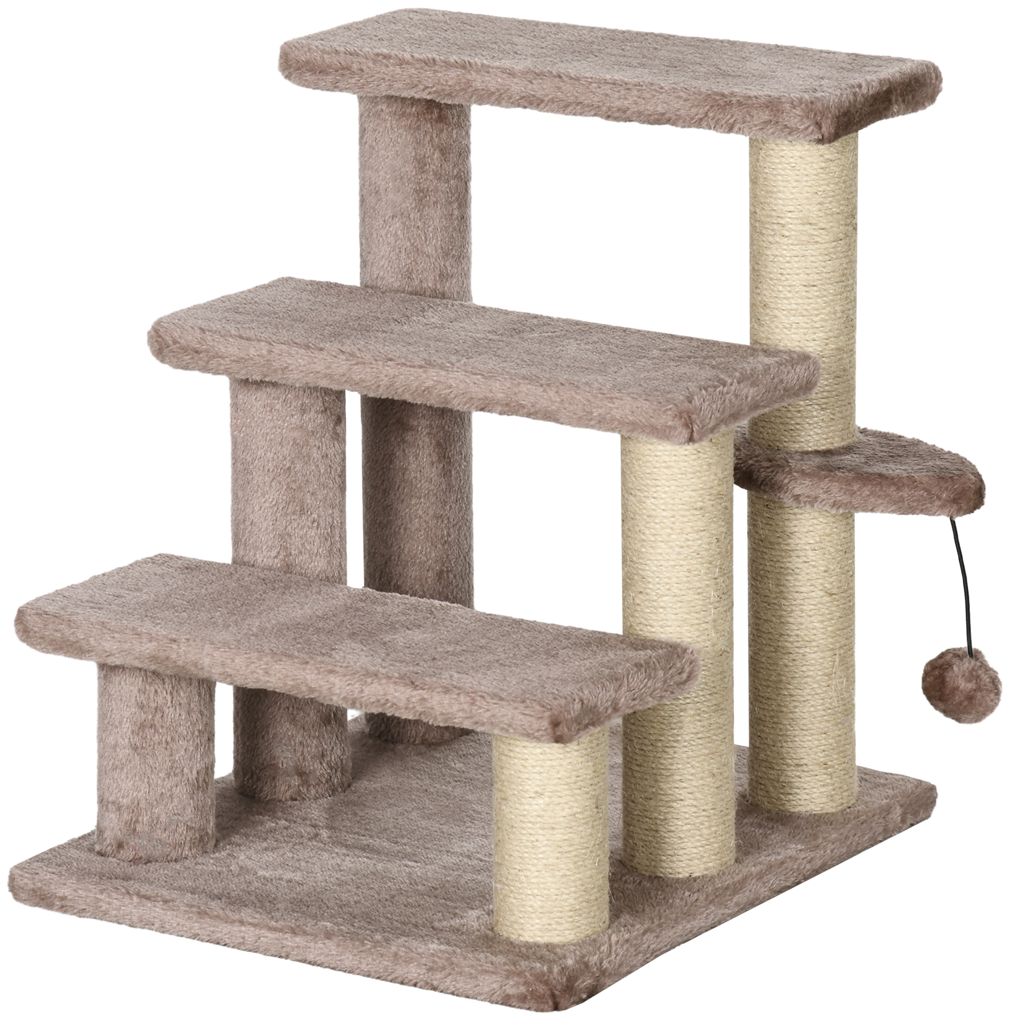 PawHut Drabinka dla Kotów z 3 Stopniami i Piłką, Do 5 kg, 45x40x48cm, Brązowa