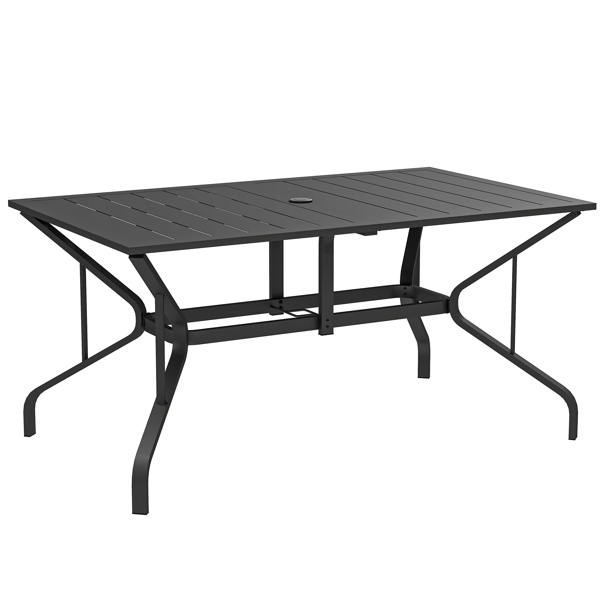 Outsunny Stół ogrodowy ze stali 150x90 cm Odporny na warunki atmosferyczne, z otworem na parasol, dla 6 osób, czarny
