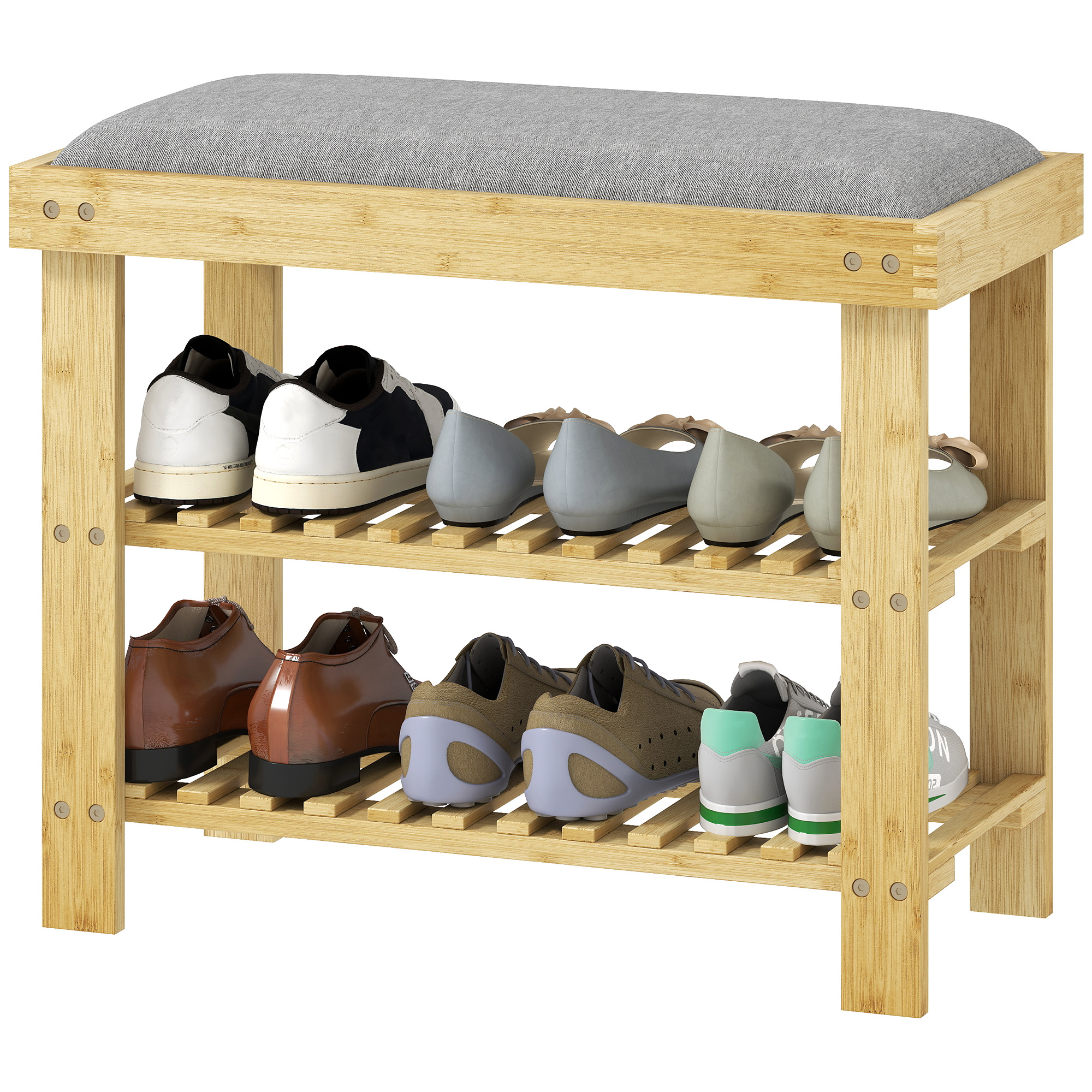 HOMCOM Banc à chaussures en bambou, étagère à chaussures à 3 niveaux, style scandinave, 60 x 29 x 49 cm, bois naturel