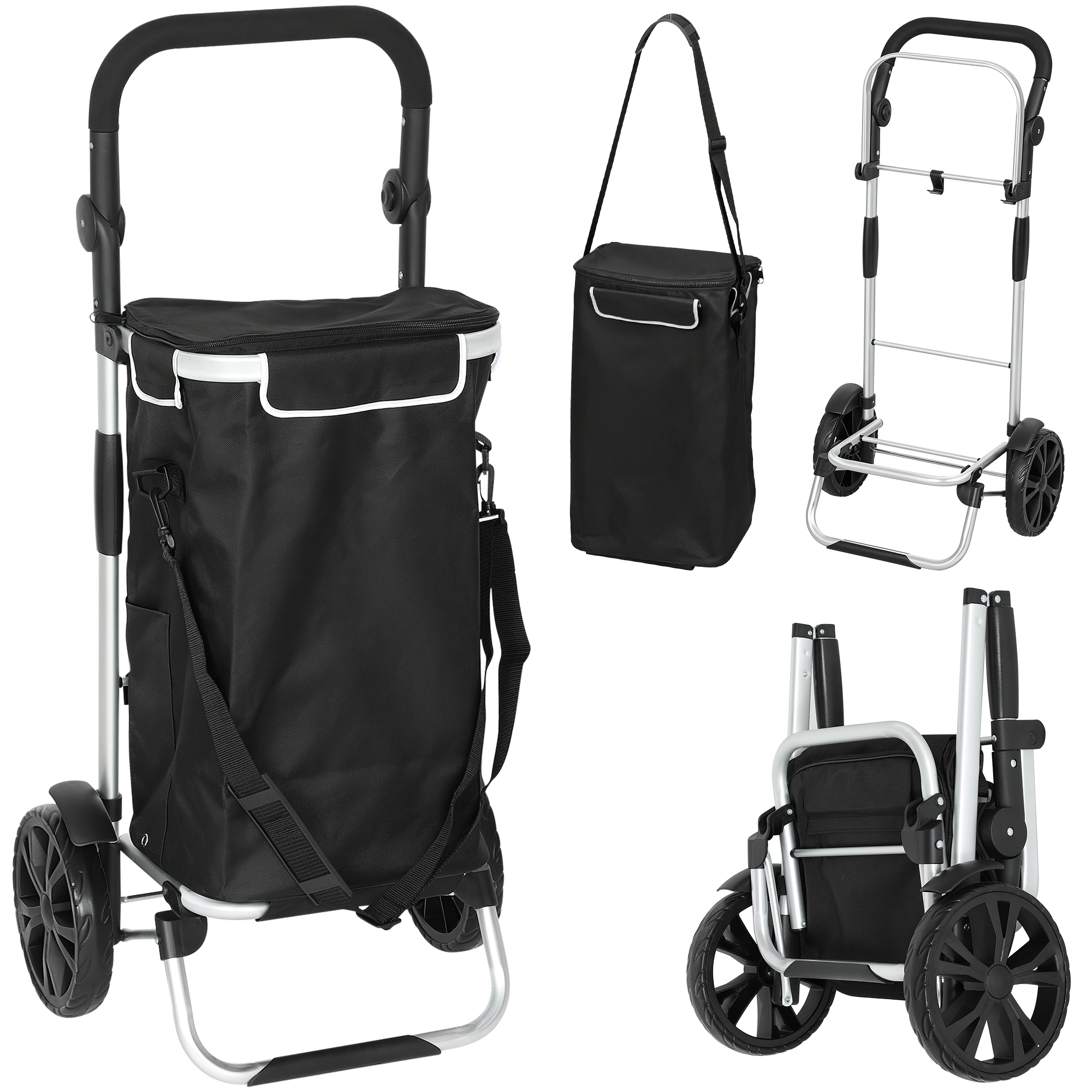 HOMCOM 3-in-1 Einkaufstrolley klappbar mit 40L Kapazität belastbar Trolley bis 25kg Einkaufswagen mit Kühlfach Sackkarre Umhängetasche Treppensteiger Schwarz   Aosom – HOMCOM