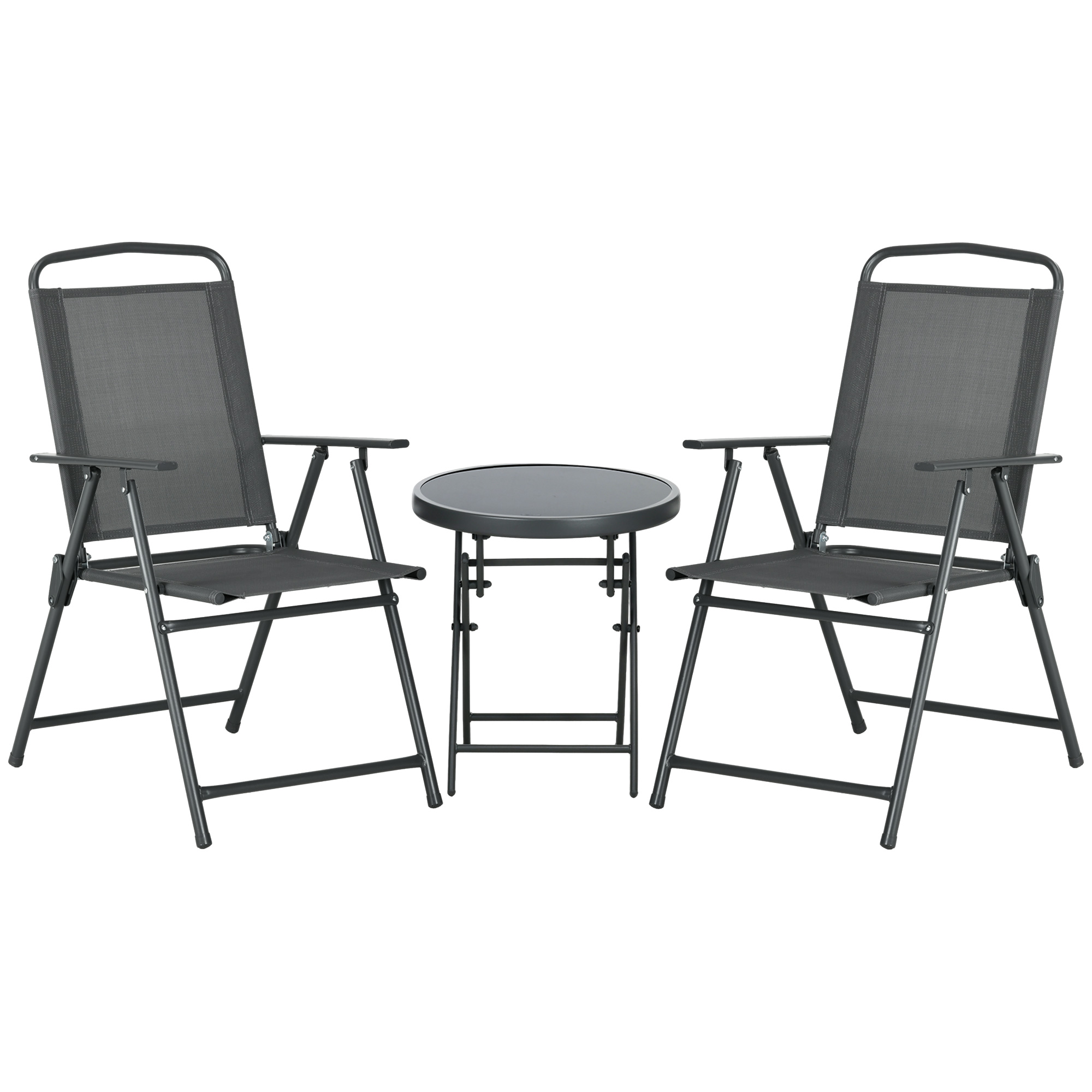 Outsunny 3 Pcs Garden Table and Chairs, Outdoor Bistro Set, Patio Conversation Furniture Set w/ Foldable Armchairs & Glass Top Coffee Table, Dark Grey