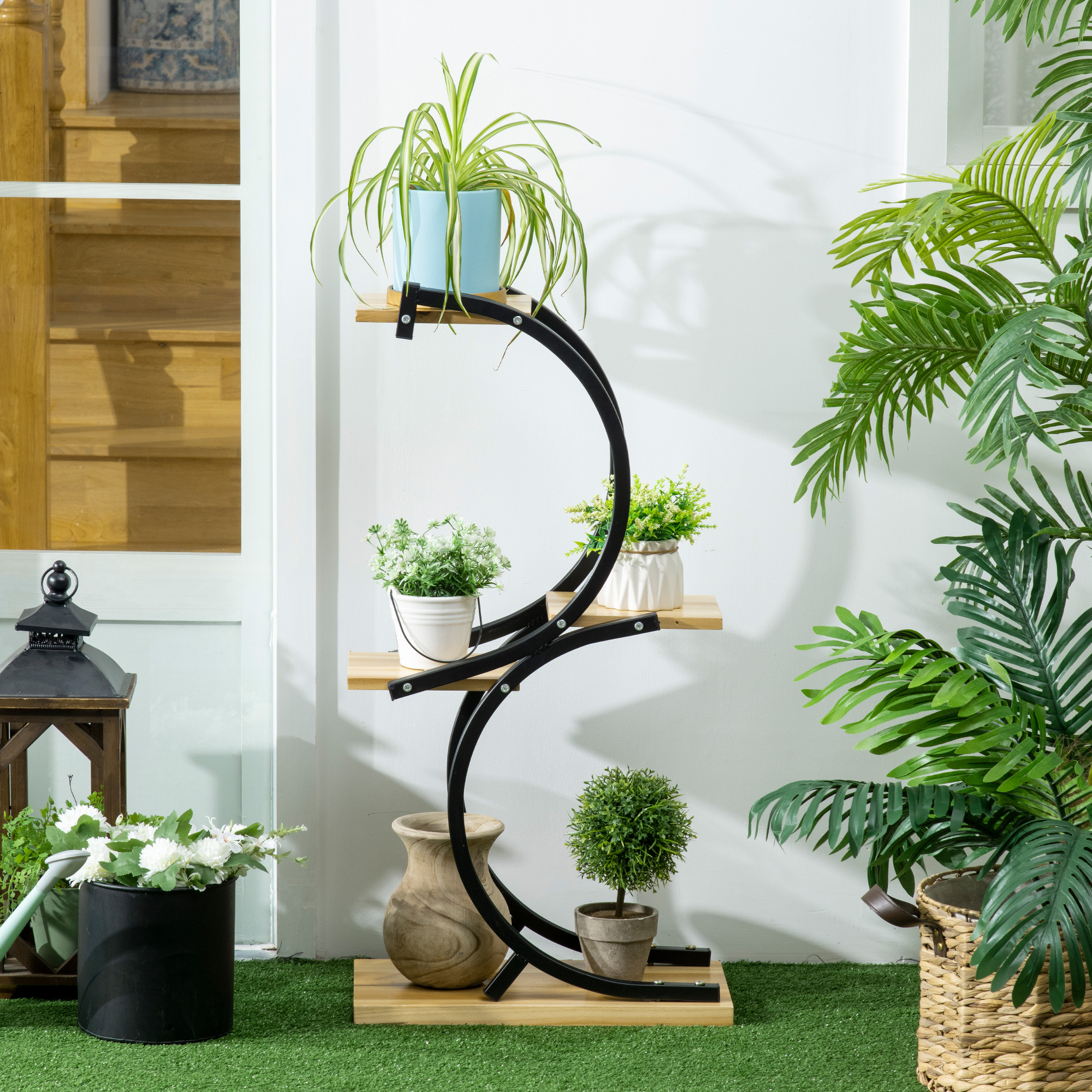 Outsunny Stojak na rośliny z 4 półkami, Lite drewno, odporny na warunki atmosferyczne, 46 cm x 25 cm x 91 cm, Czarny + Naturalny