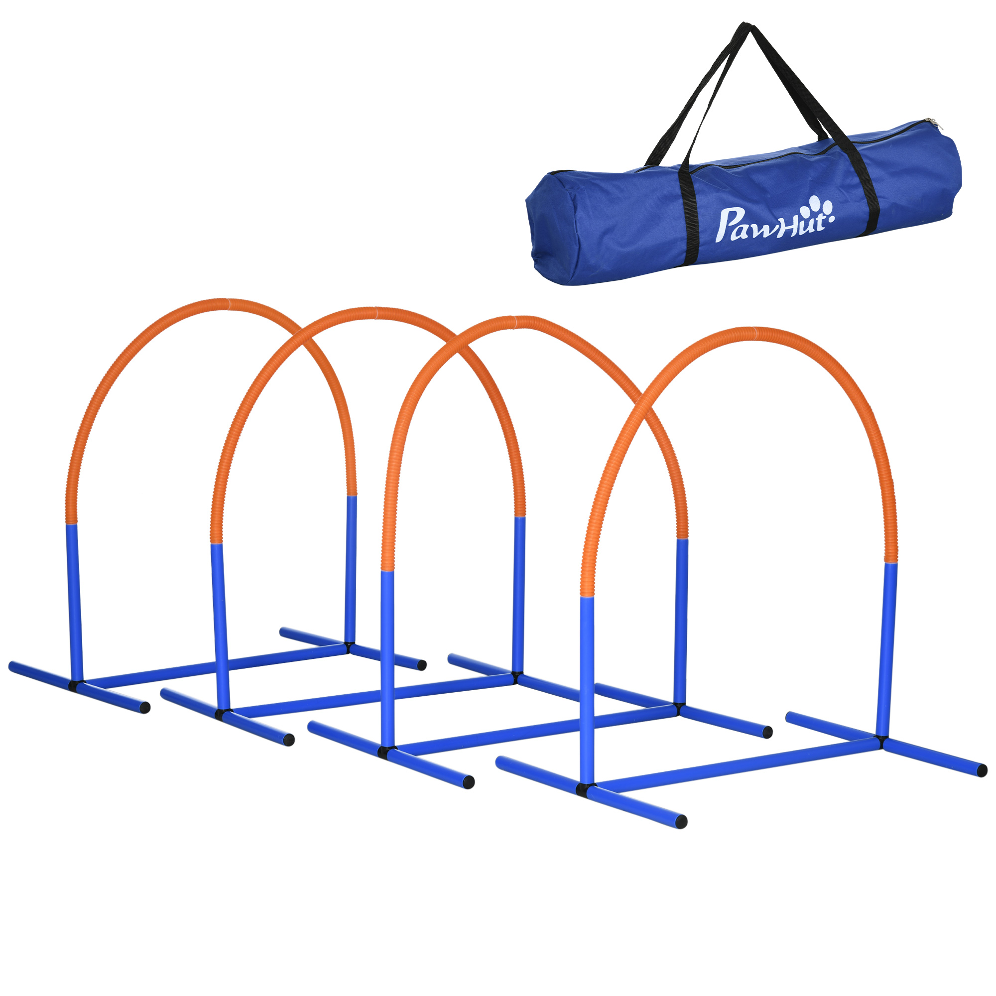 PawHut Zestaw agility dla psów, Trening dla psów, 4 łuki, dla początkujących, z torbą transportową, niebieski + pomarańczowy, 88 x 64 x 95 cm